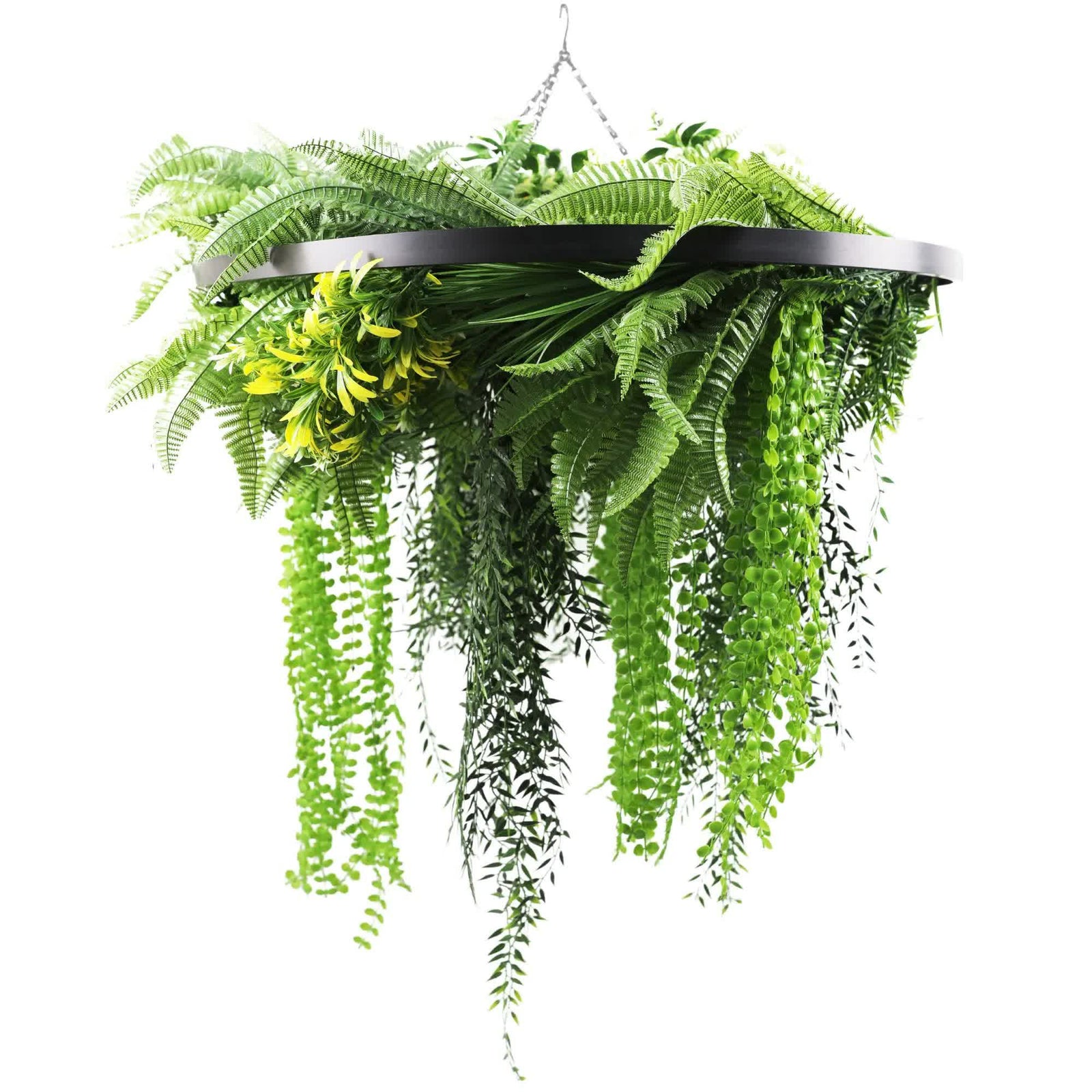 Black Framed Roof Hanging Disc With Draping Life-Like Ferns and Plants 80cm UV Resistant