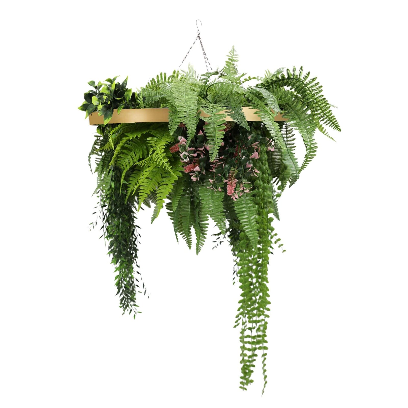 Gold Framed Roof Hanging Disc with Draping Life-Like Plants UV Resistant 60cm