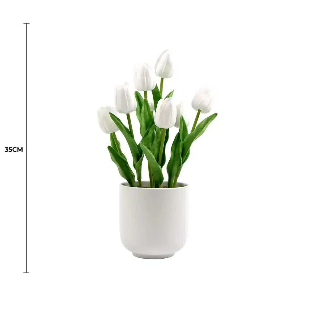 Flowering White Artificial Tulip Plant Arrangement With Ceramic Bowl 35cm