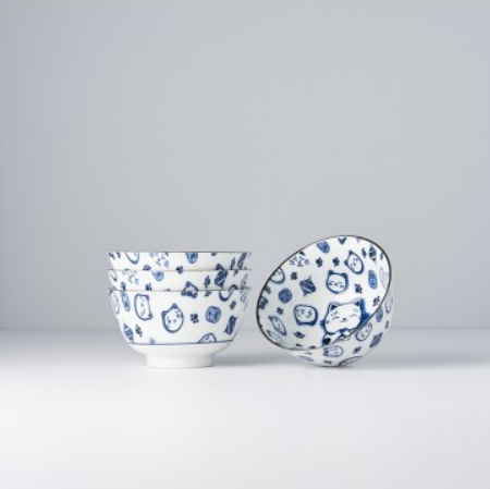 Bowl Set 4pcs Maneki Cat Blue Design