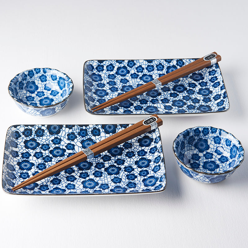 Sushi Set for Two with Chopsticks Black Blue Plum Design