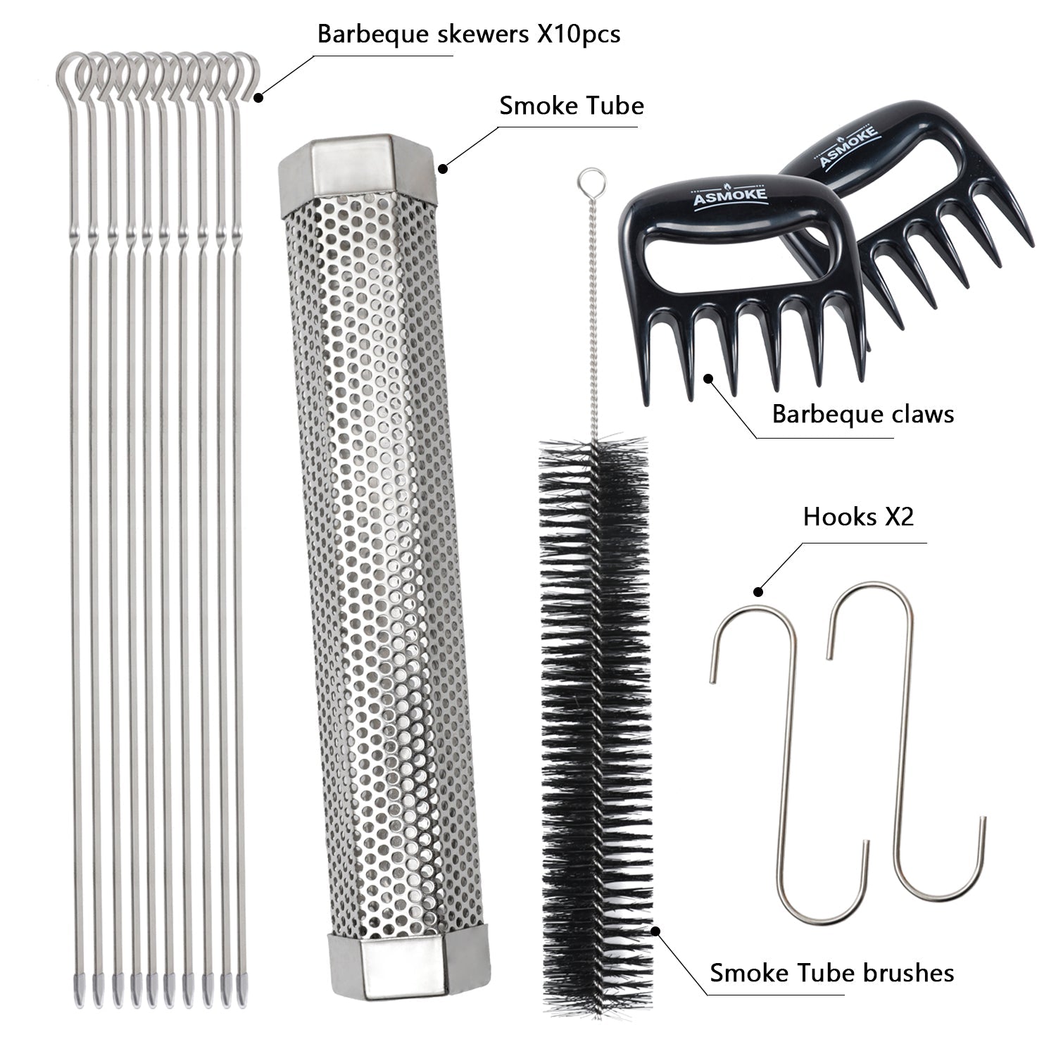 Asmoke BBQ Set (Includes Two Meat Claws, a Pellet Smoker Tube and Metal Skewers)