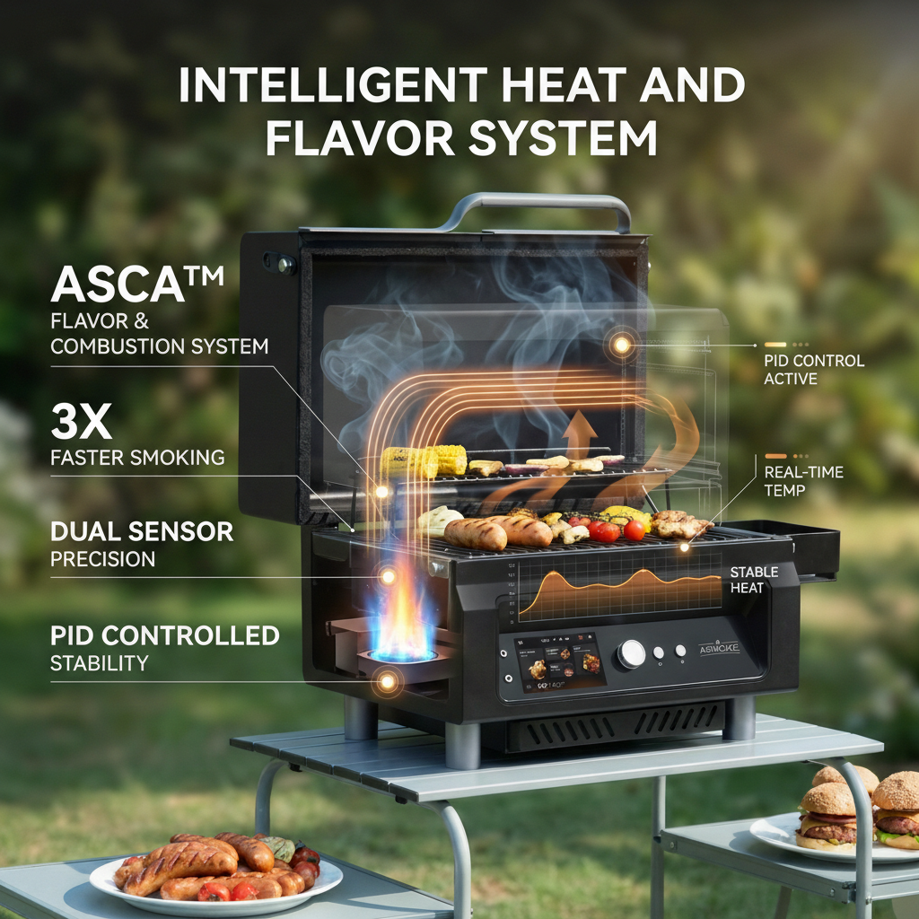 ASMOKE Essential Portable Wireless Pellet Smoker - Battery Powered 8-in-1 Mini BBQ Grill with Smart Temp Control & Meat Probe for Camping & RV