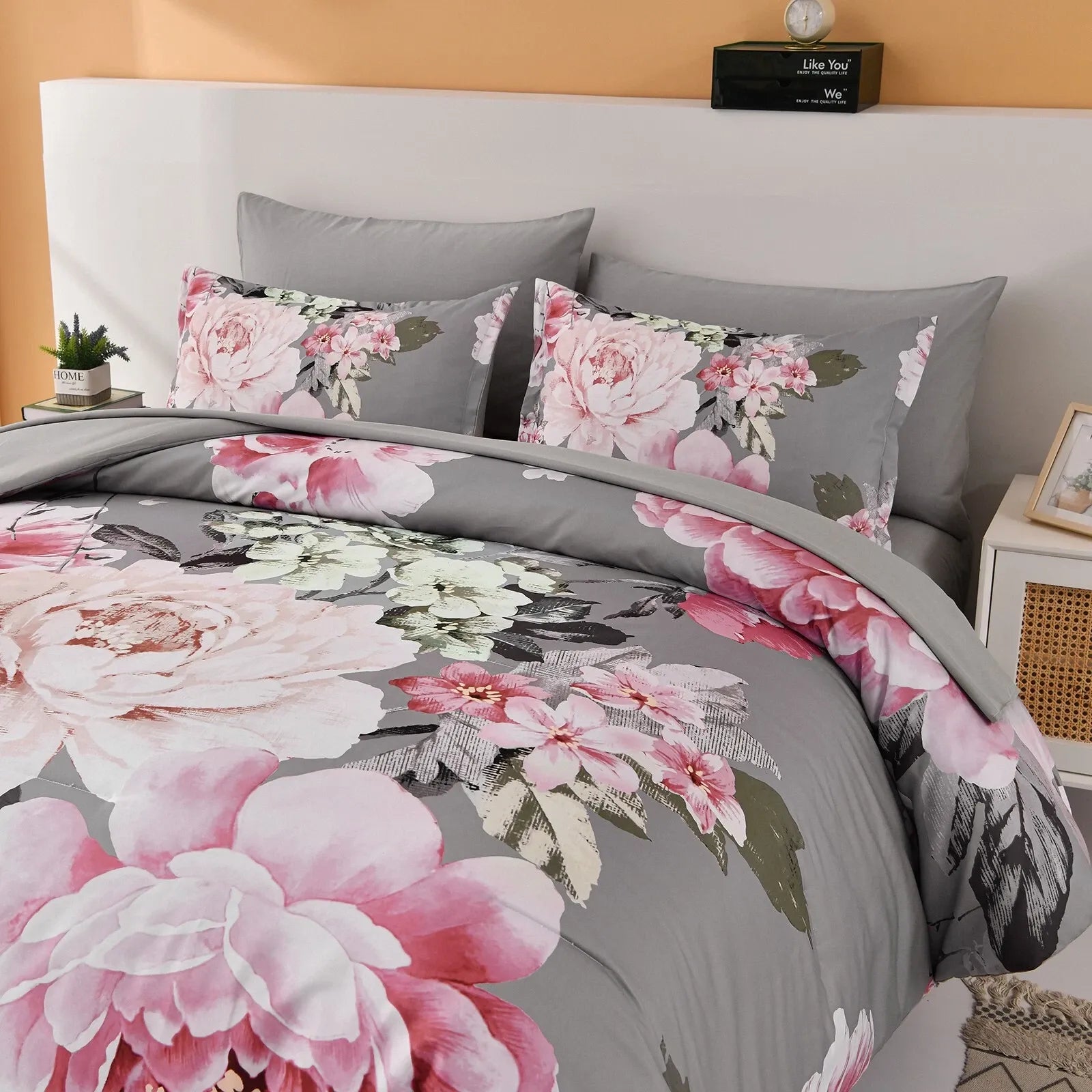 Grey Blush Peony Garden Comforter Quilted Doona Set