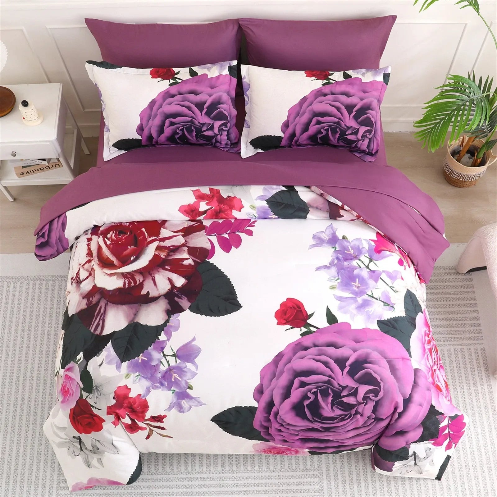 Magenta Purple Rose Garden Comforter Quilted Doona Set