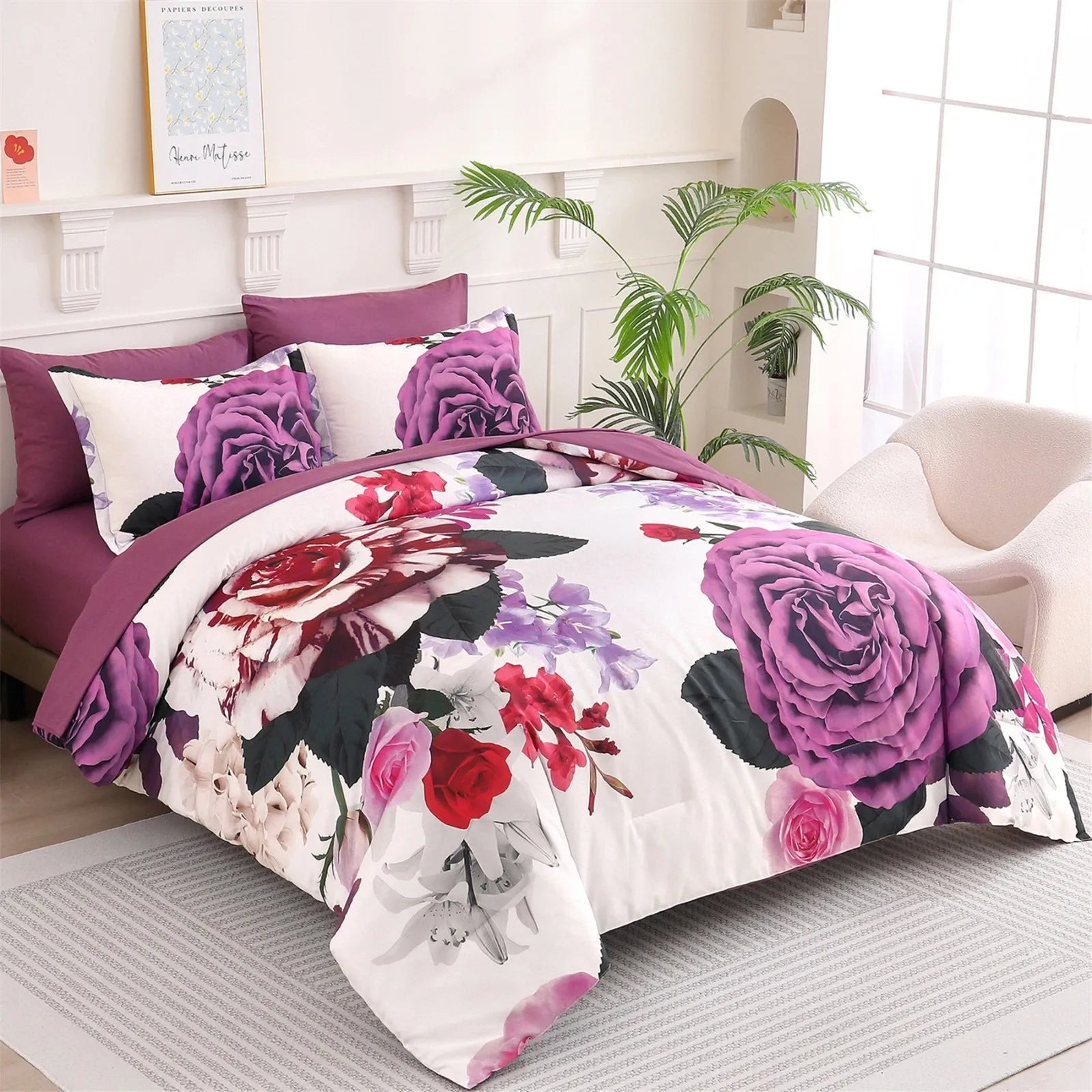 Magenta Purple Rose Garden Comforter Quilted Doona Set