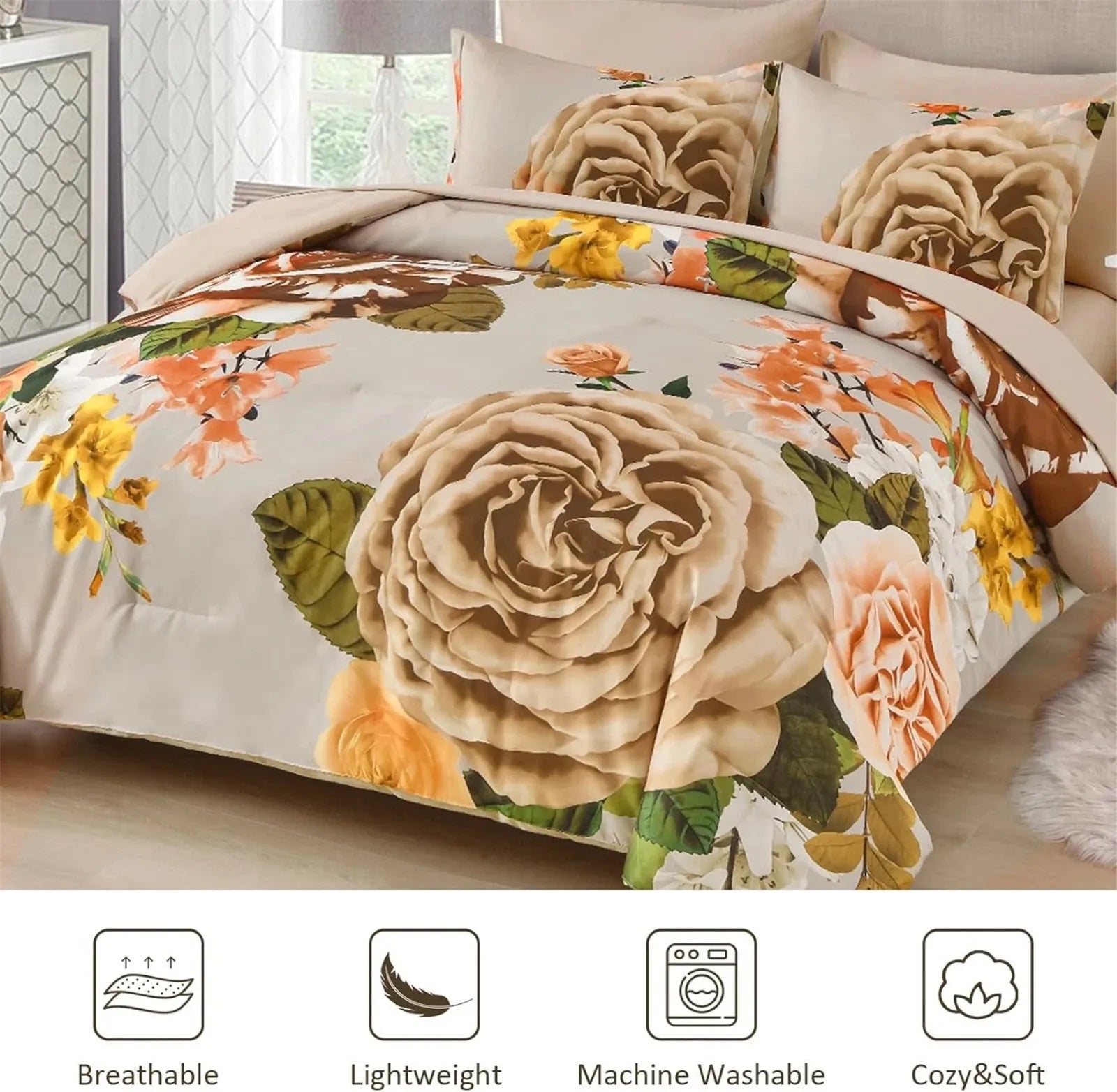 Cream Golden Rose Meadow Comforter Quilted Doona Set