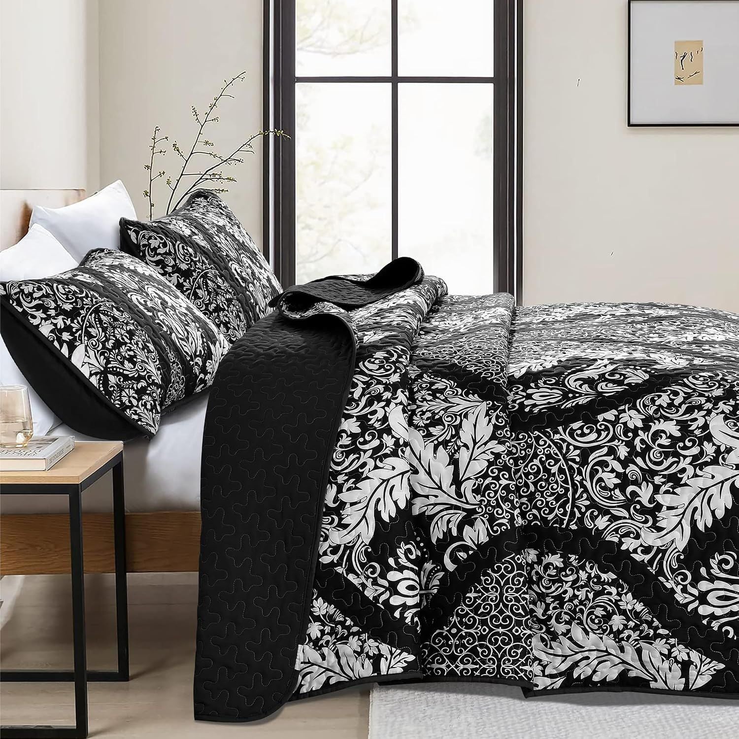 Black Damask Boho Charm Bedspread Coverlet 3 Piece Set