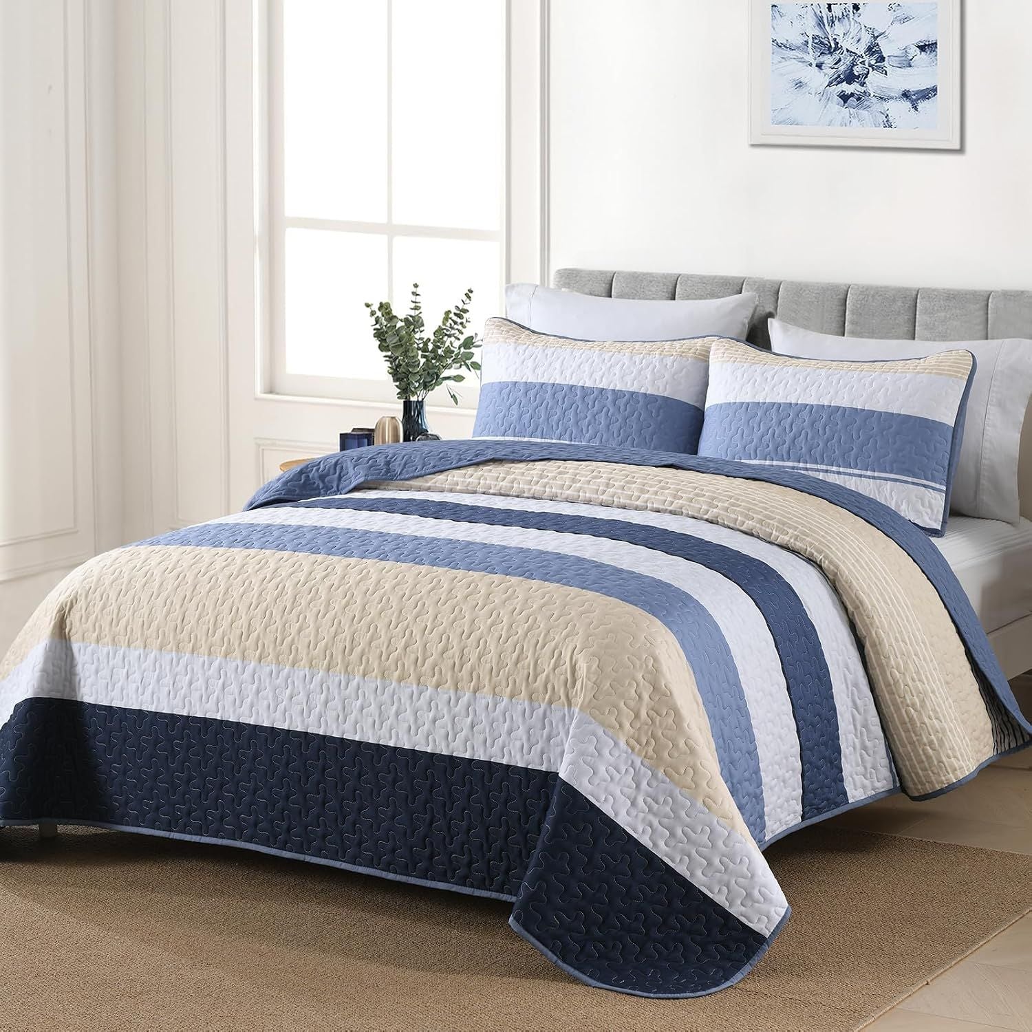 Blue Stripe Patchwork Majesty Bedspread Coverlet 3 Piece Set
