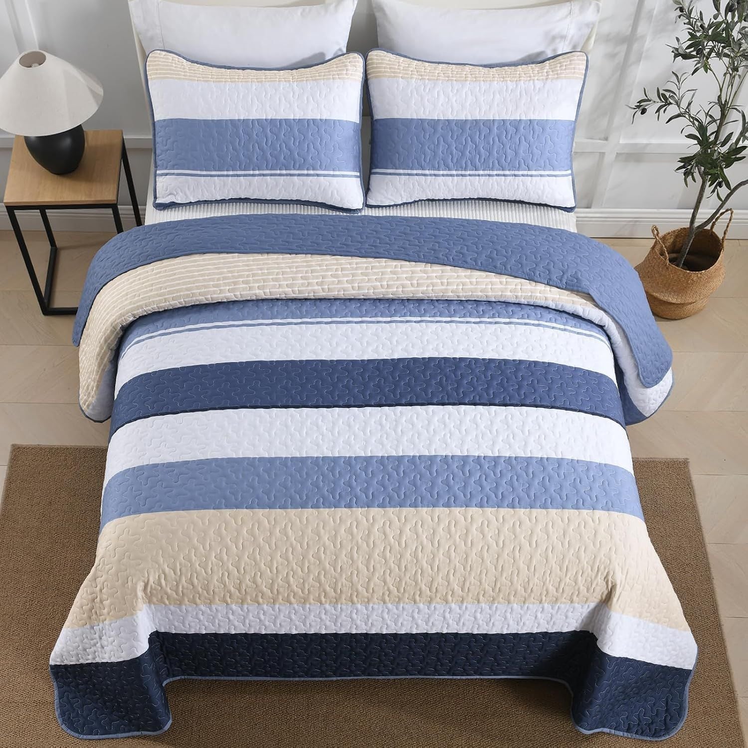 Blue Stripe Patchwork Majesty Bedspread Coverlet 3 Piece Set