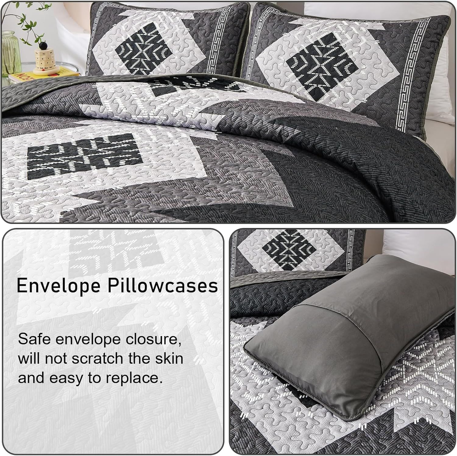 Black Aztec Boho Dream Bedspread Coverlet 3 Piece Set