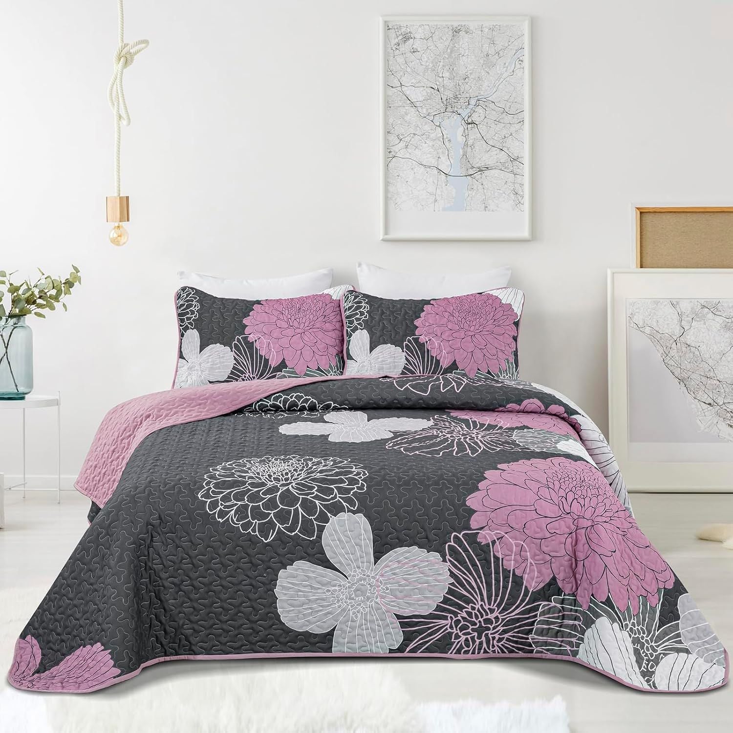 Grey Floral Elysian Bedspread Coverlet 3 Piece Set