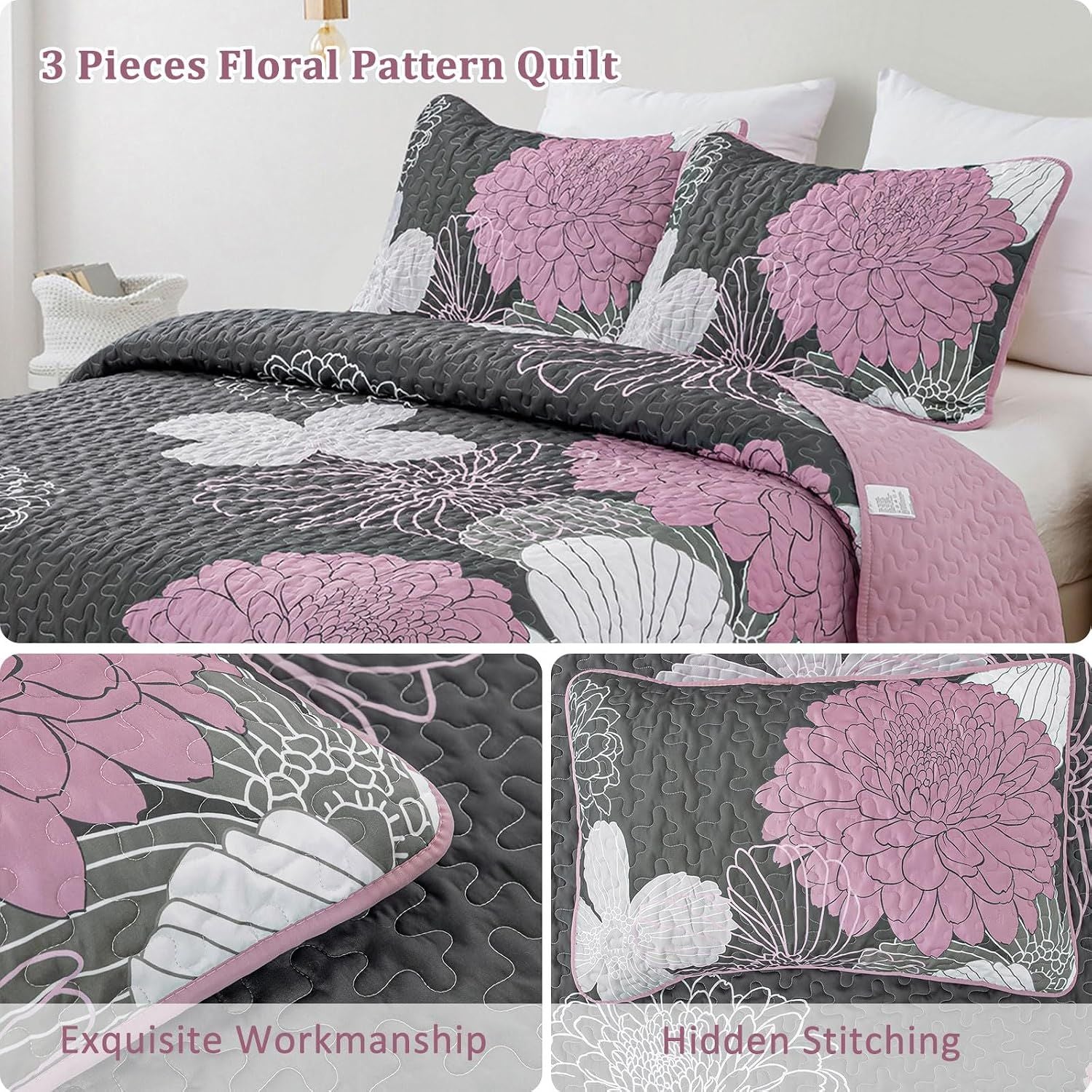 Grey Floral Elysian Bedspread Coverlet 3 Piece Set