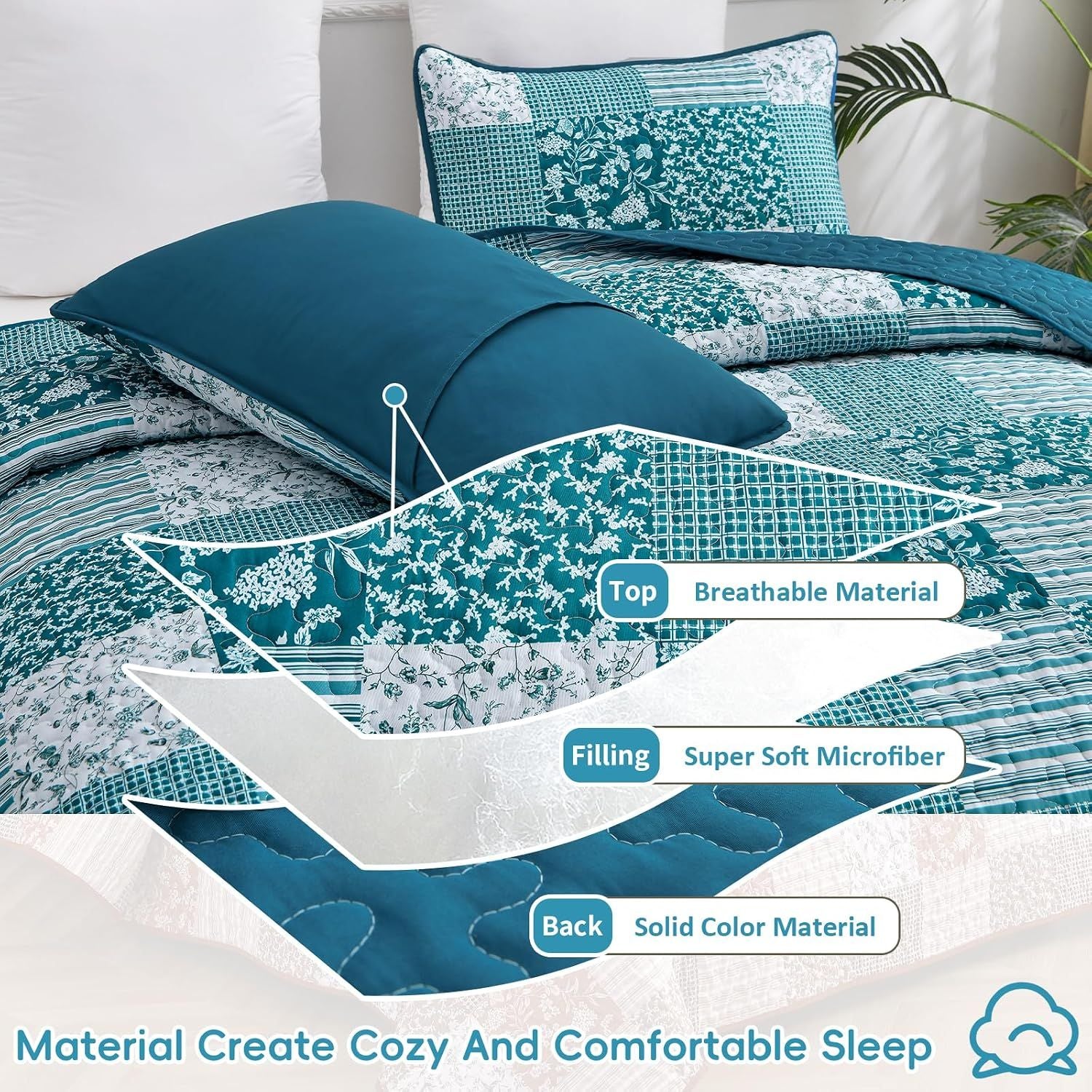 Teal Blue Floral Plaid Majesty Bedspread Coverlet 3 Piece Set