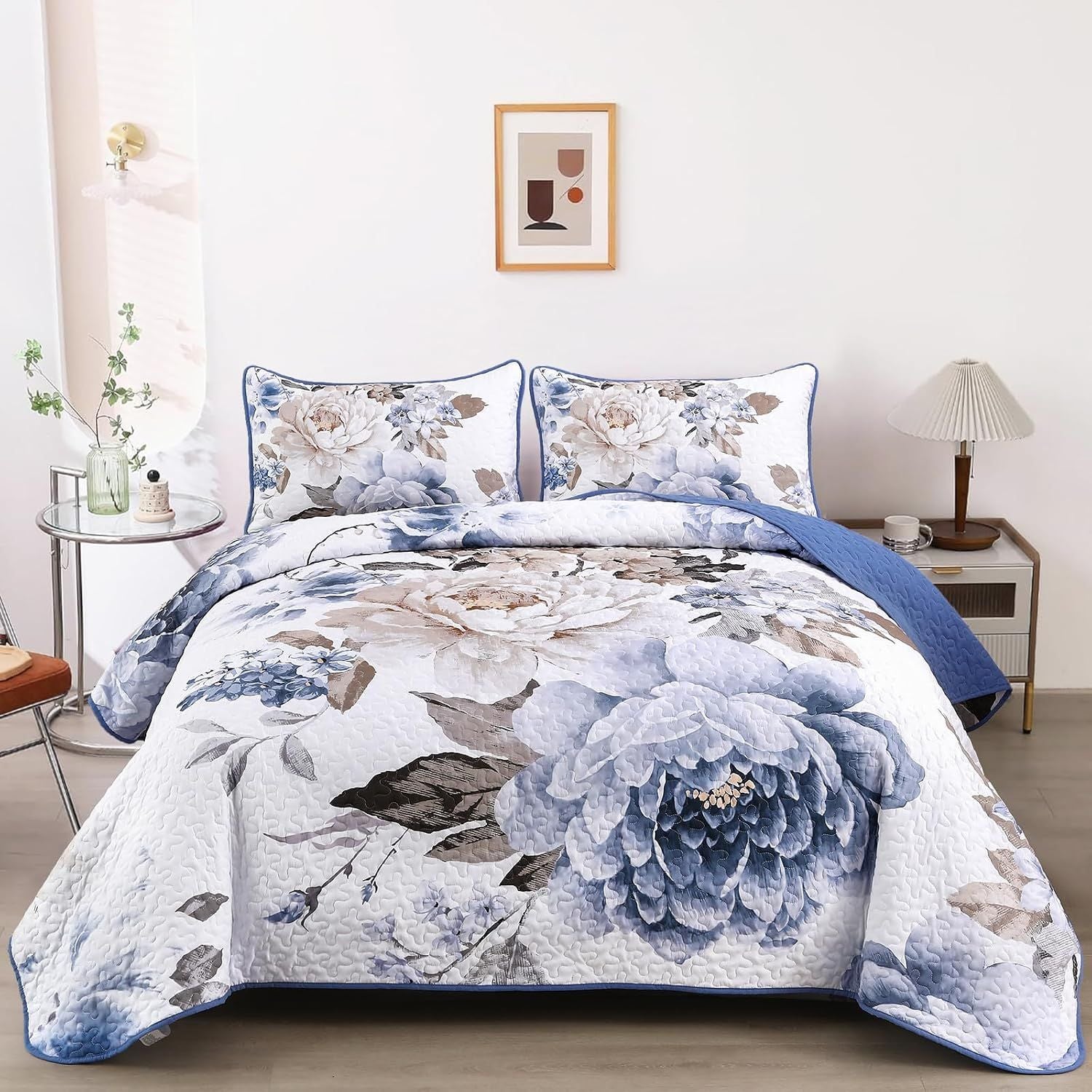 Blue Floral Royale Bedspread Coverlet 3 Piece Set
