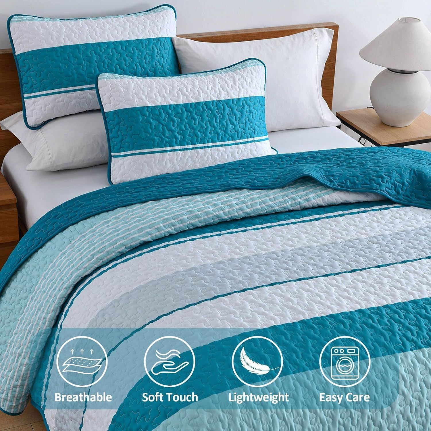 Teal Stripe Patchwork Vista Bedspread Coverlet 3 Piece Set