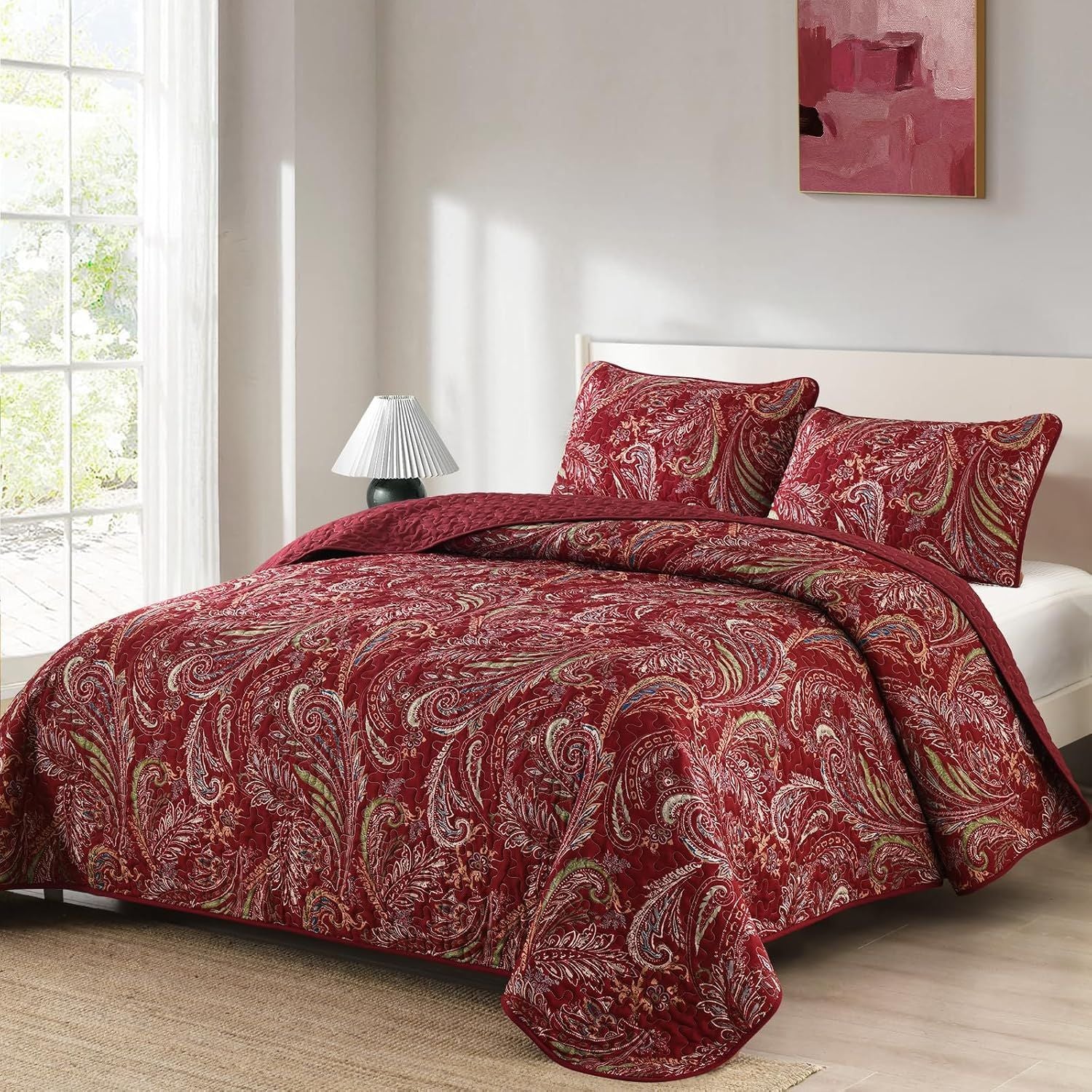 Red Paisley Garden Bedspread Coverlet 3 Piece Set