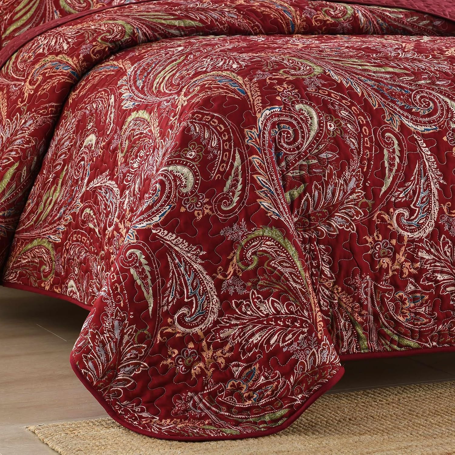 Red Paisley Garden Bedspread Coverlet 3 Piece Set