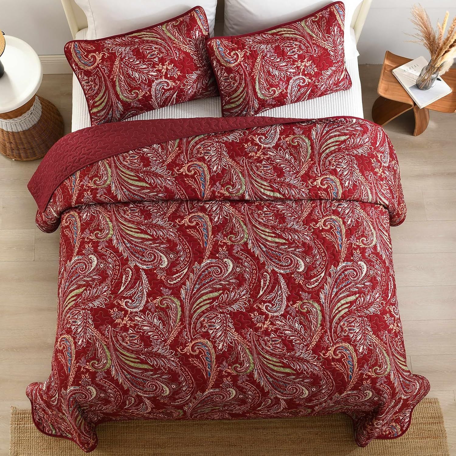 Red Paisley Garden Bedspread Coverlet 3 Piece Set
