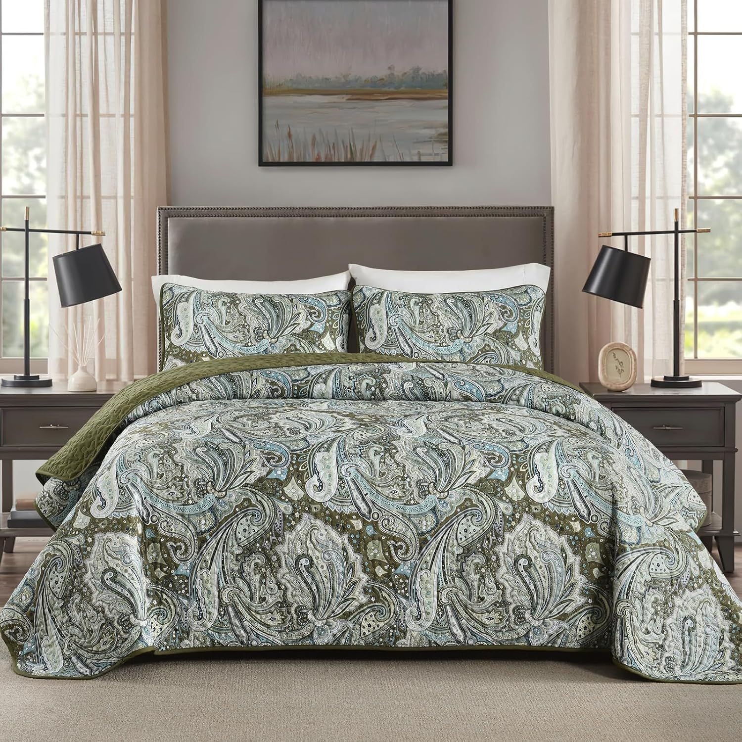 Green Paisley Boho Garden Bedspread Coverlet 3 Piece Set