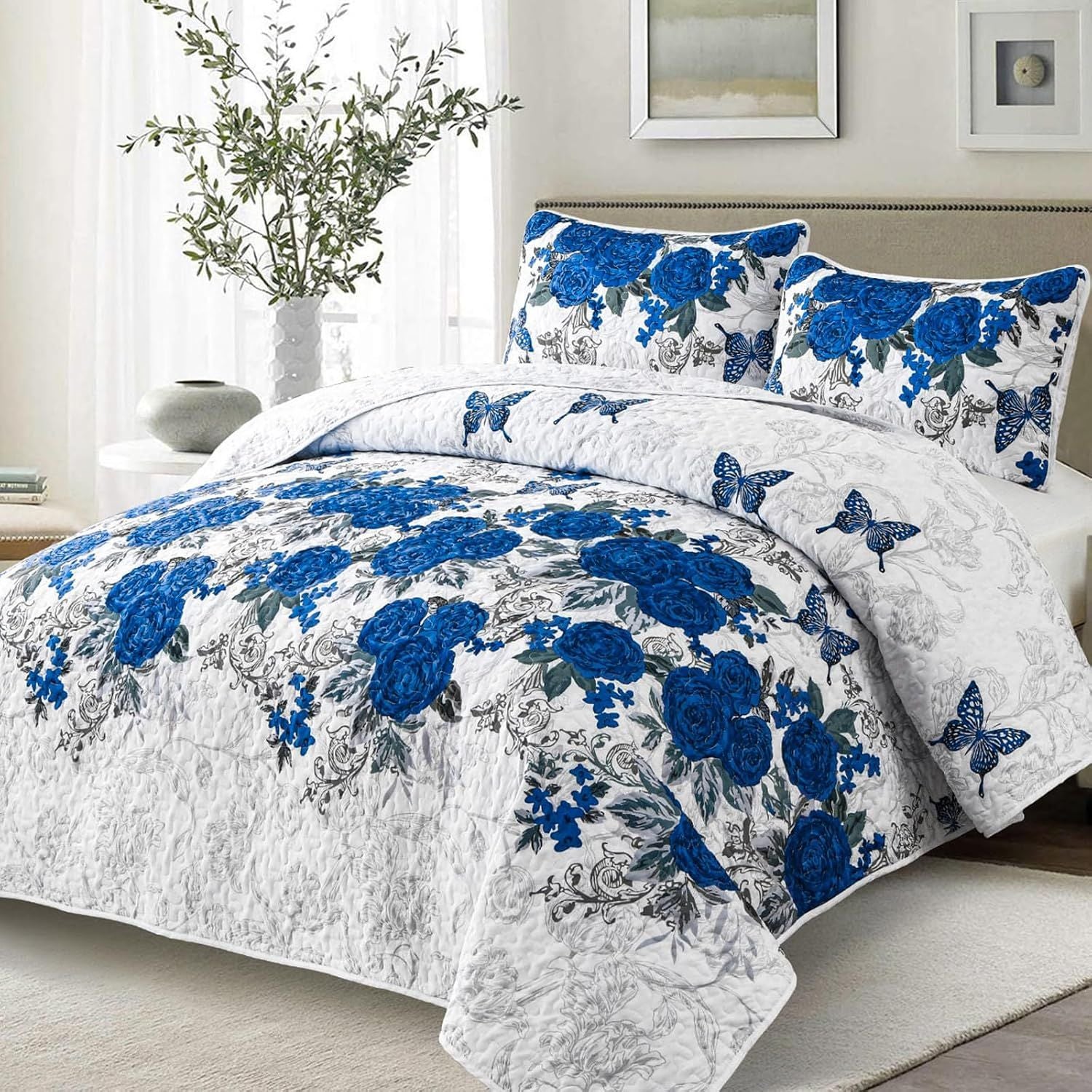 Blue Floral Rose Meadow Bedspread Coverlet 3 Piece Set