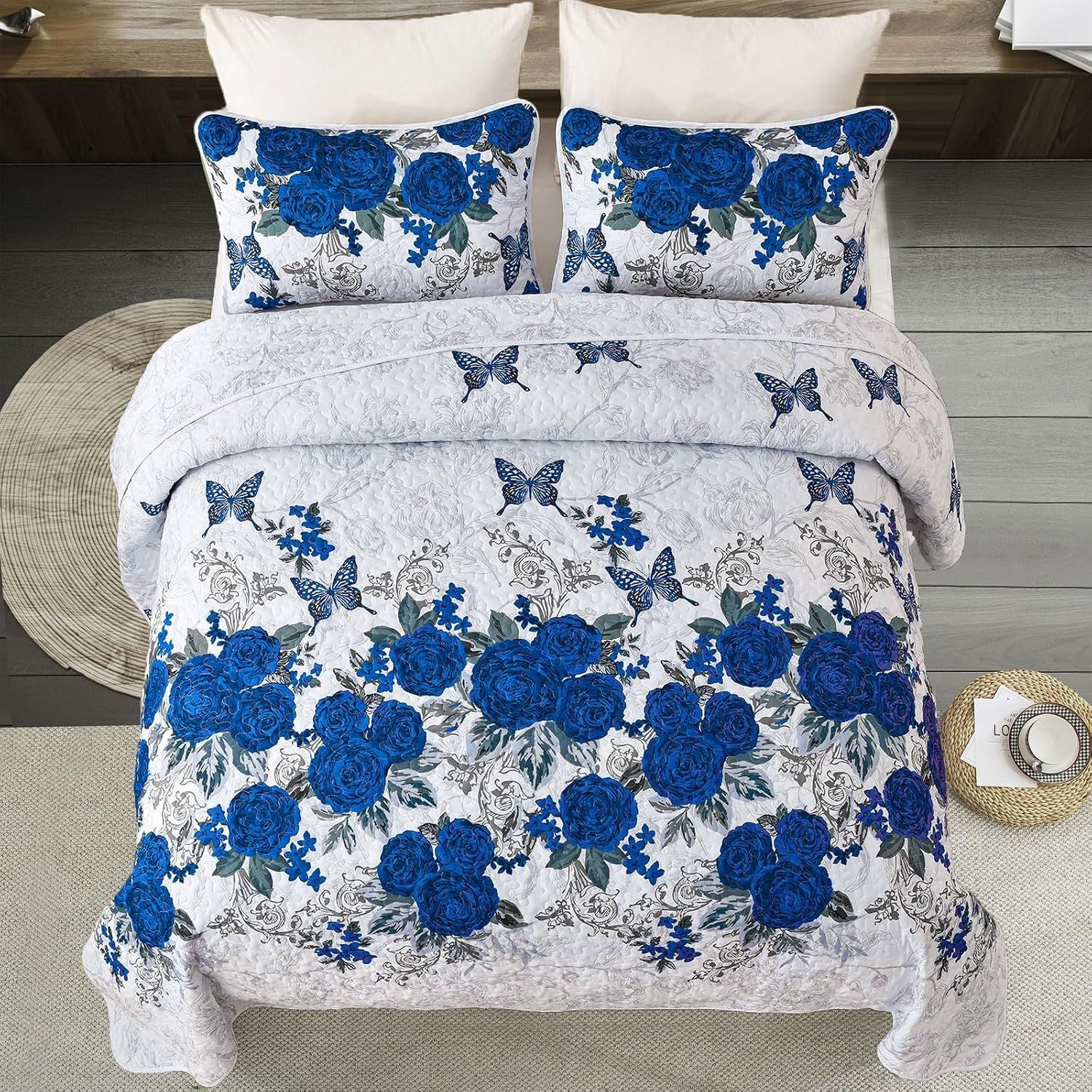 Blue Floral Rose Meadow Bedspread Coverlet 3 Piece Set