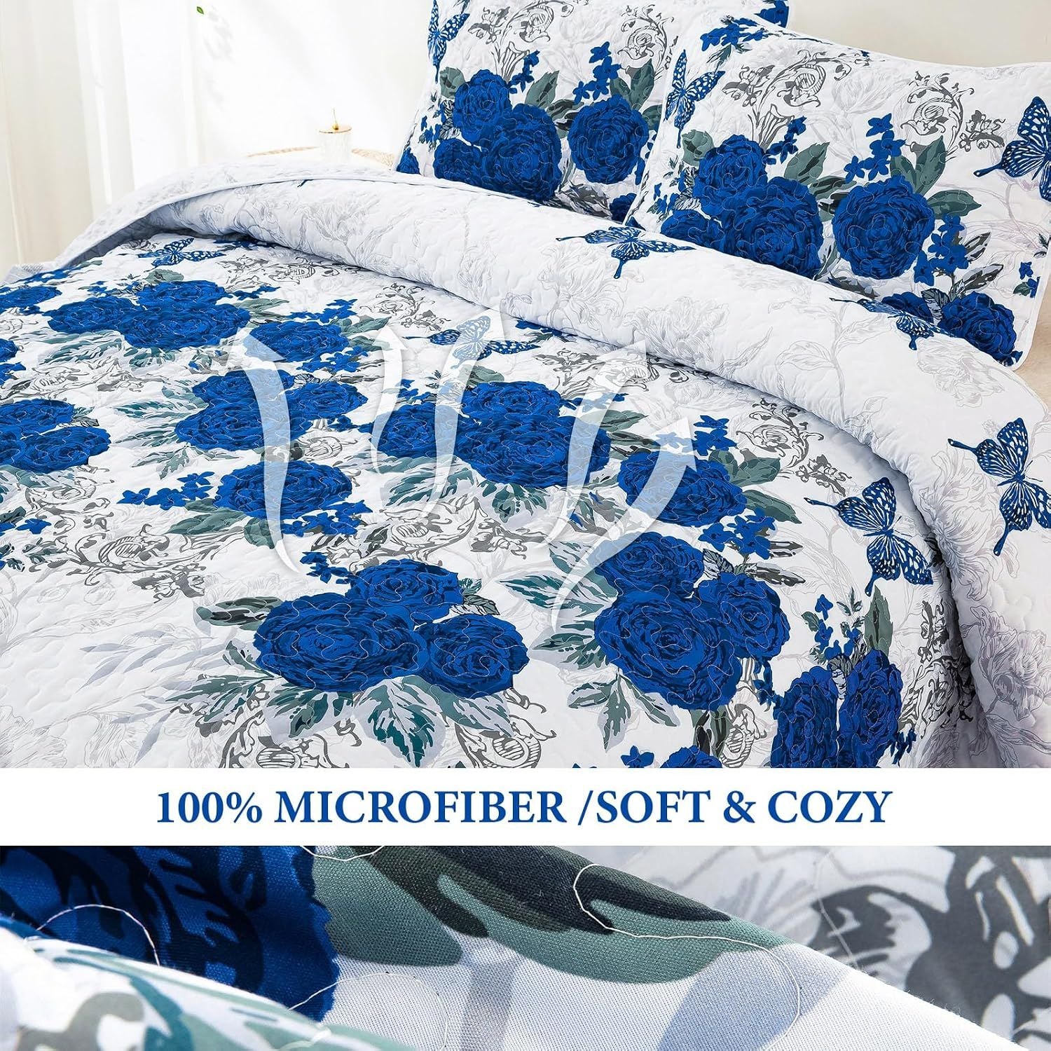 Blue Floral Rose Meadow Bedspread Coverlet 3 Piece Set