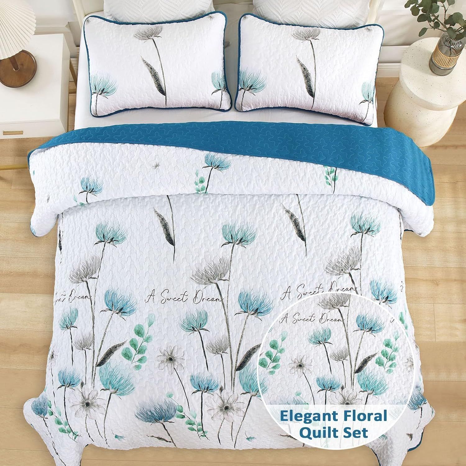 Teal Floral Dream Bedspread Coverlet 3 Piece Set