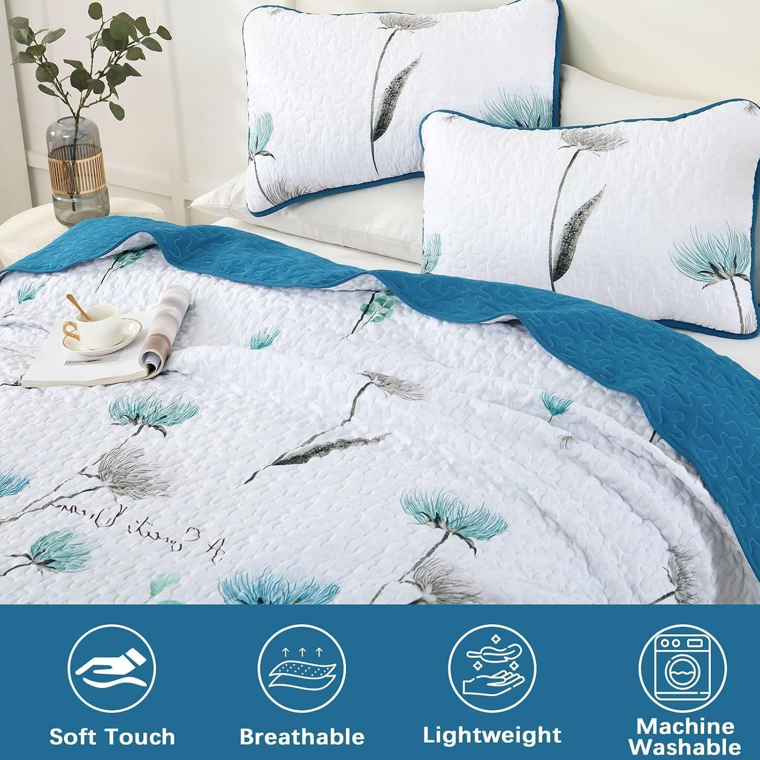 Teal Floral Dream Bedspread Coverlet 3 Piece Set