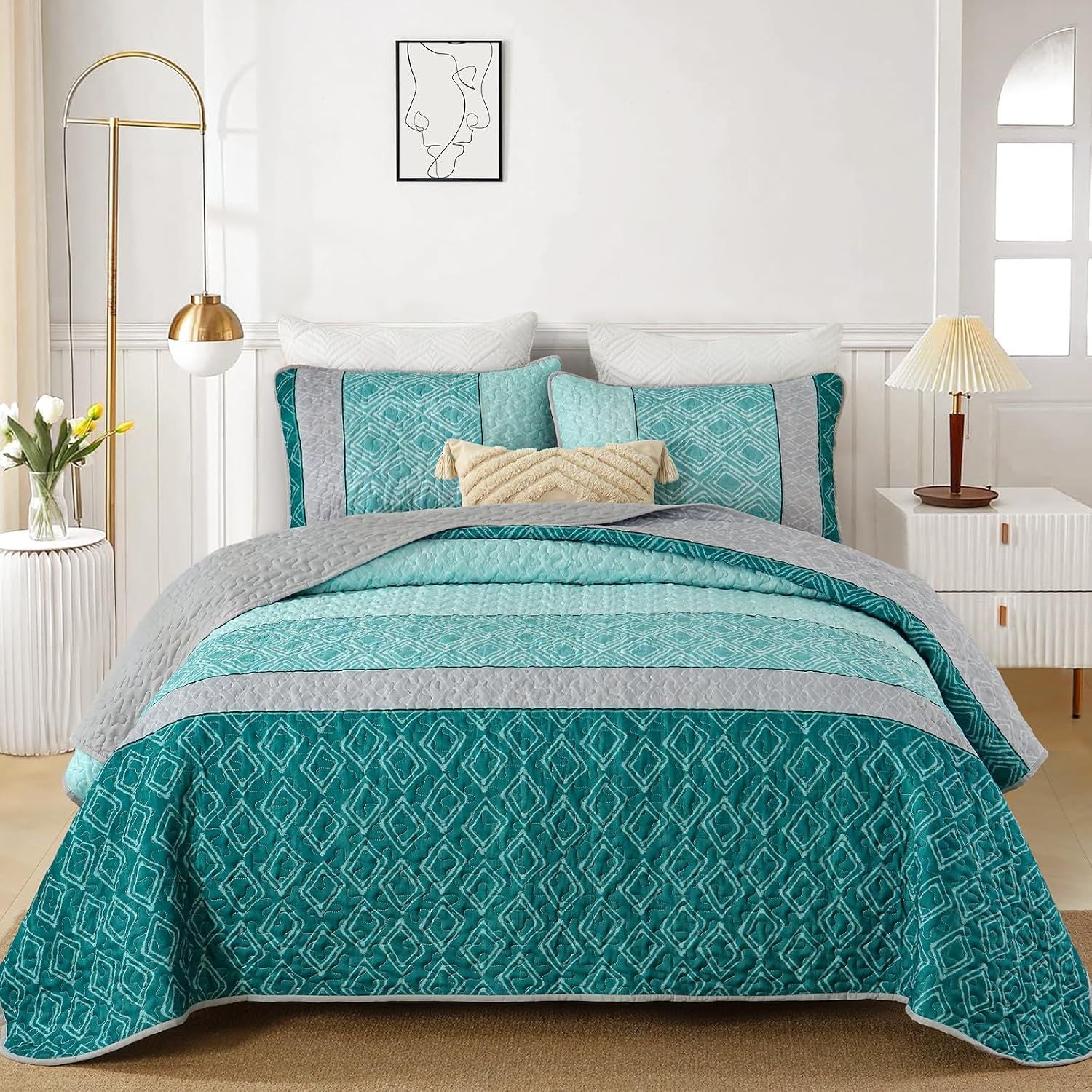 Teal Plaid Boho Mosaic Bedspread Coverlet 3 Piece Set