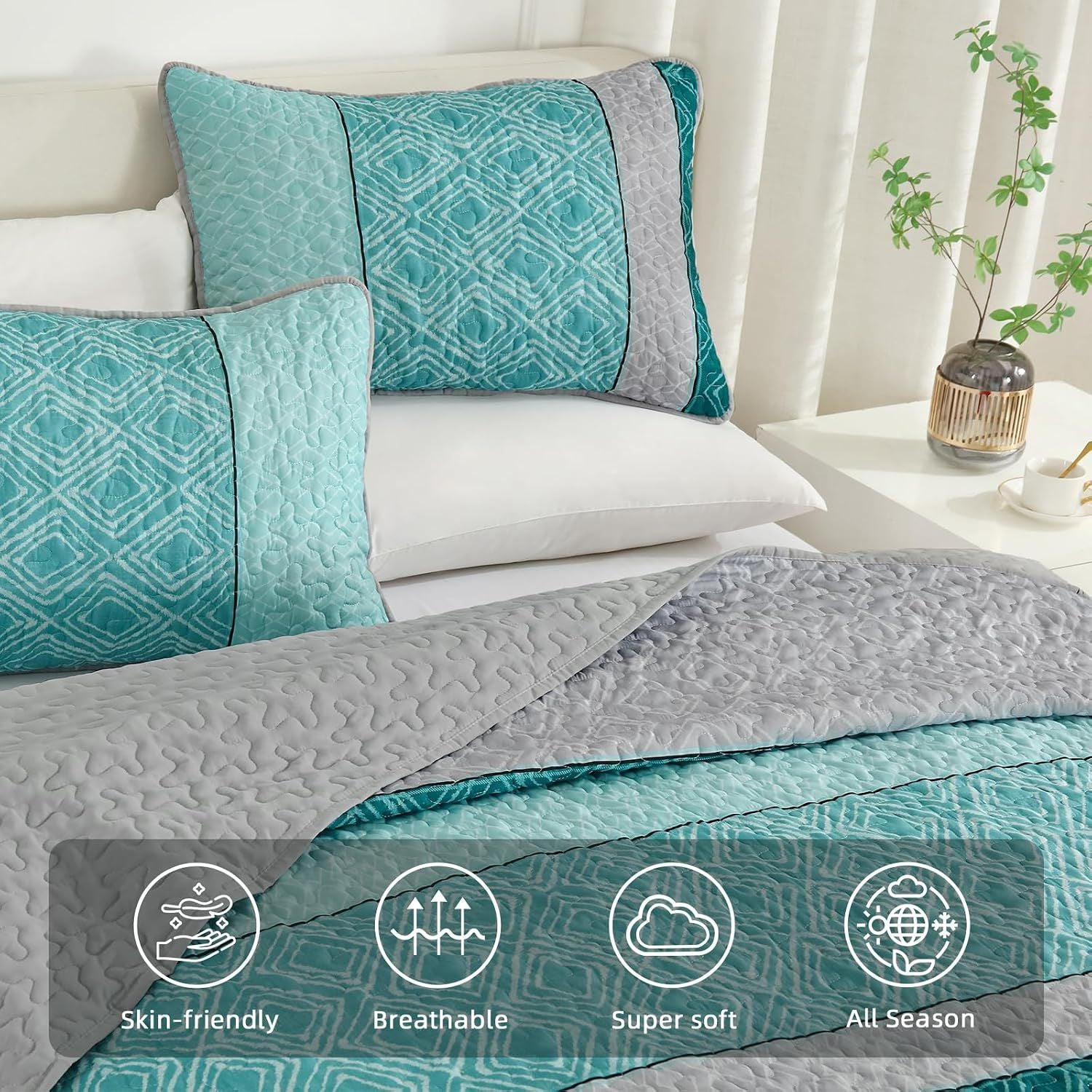 Teal Plaid Boho Mosaic Bedspread Coverlet 3 Piece Set