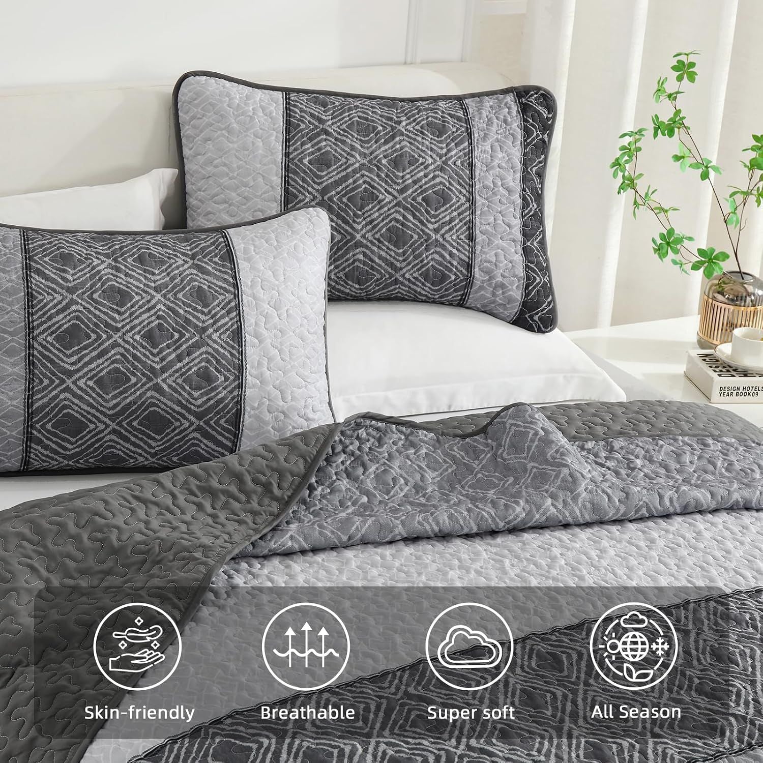 Grey Stripe Plaid Dream Bedspread Coverlet 3 Piece Set