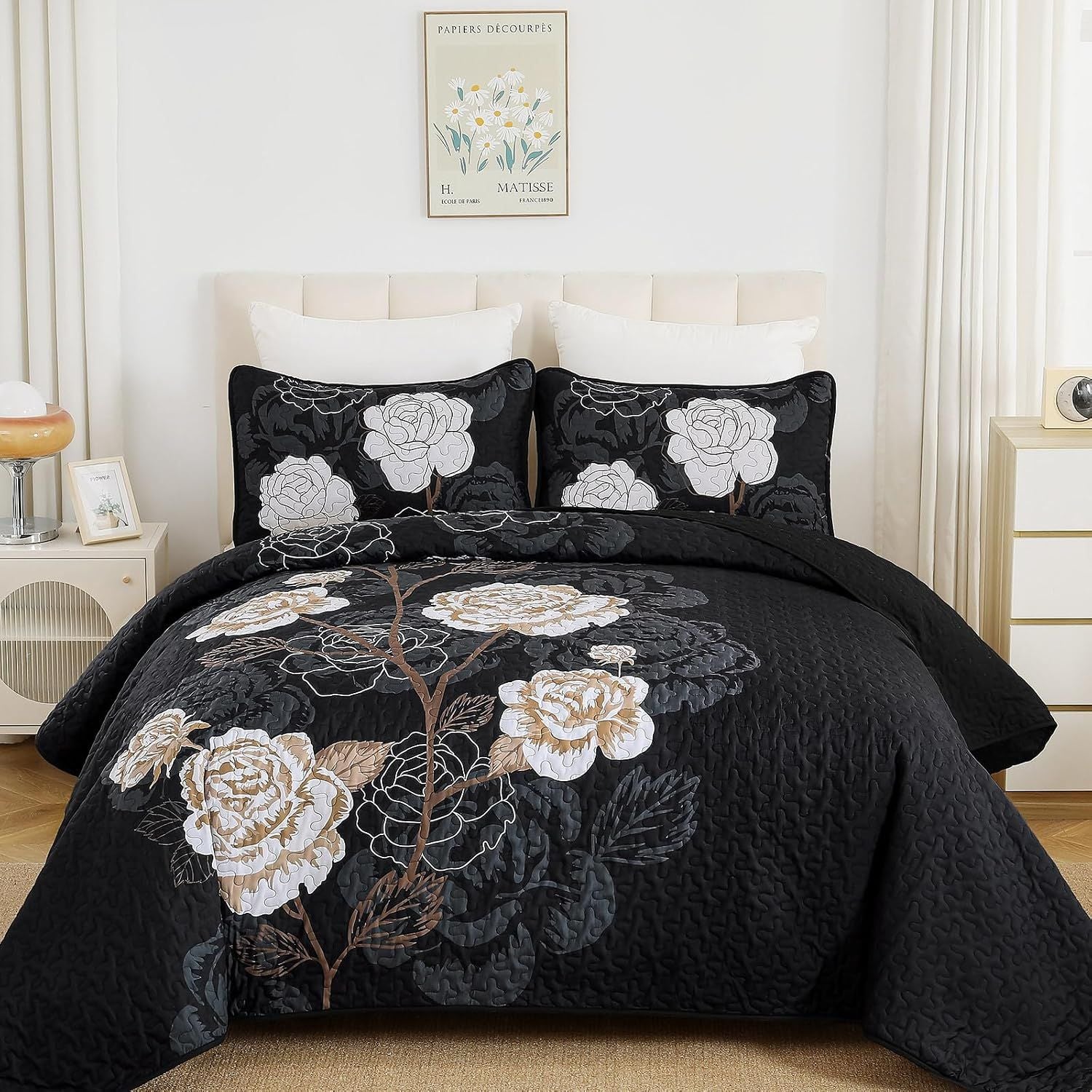 Black Floral Aura Bedspread Coverlet 3 Piece Set