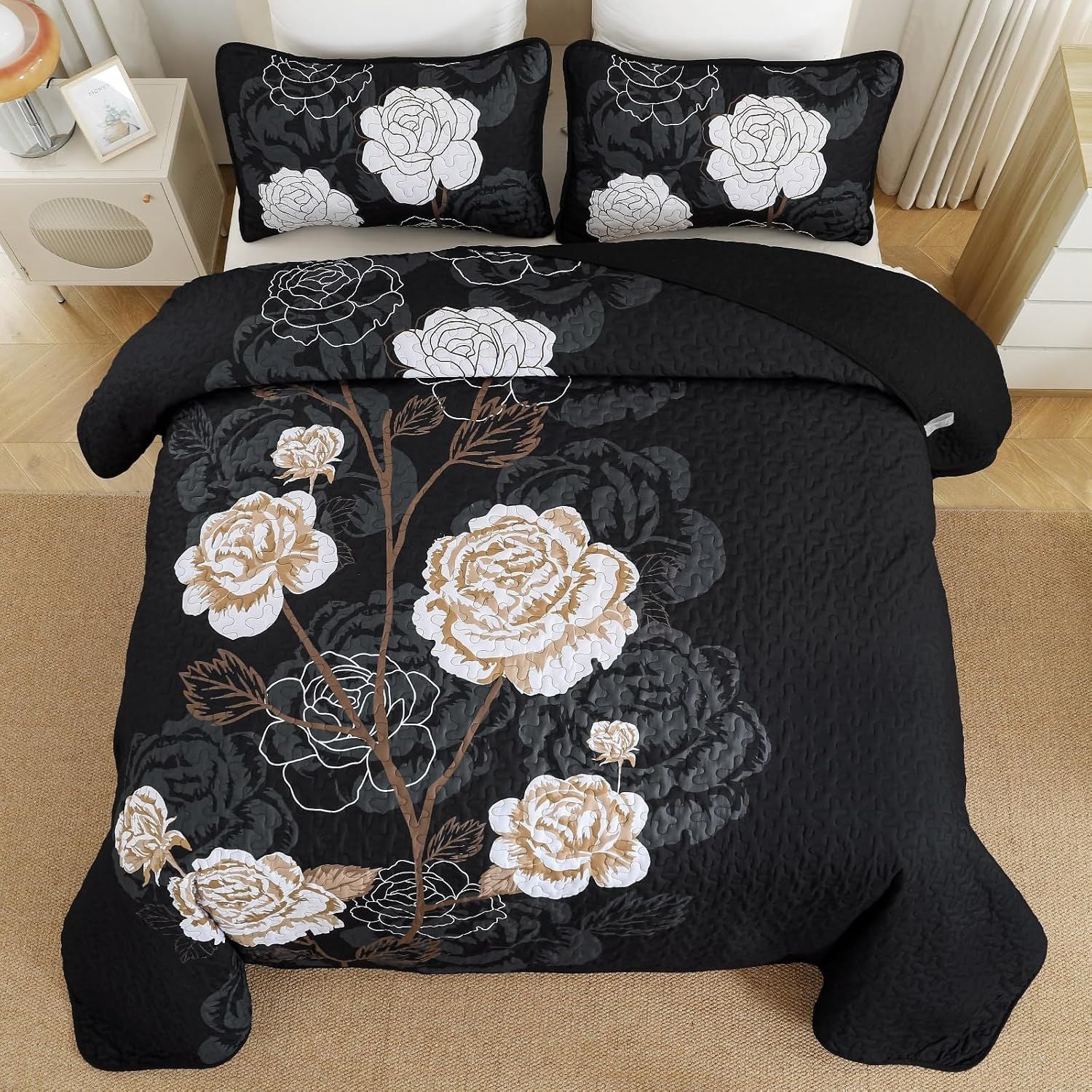Black Floral Aura Bedspread Coverlet 3 Piece Set