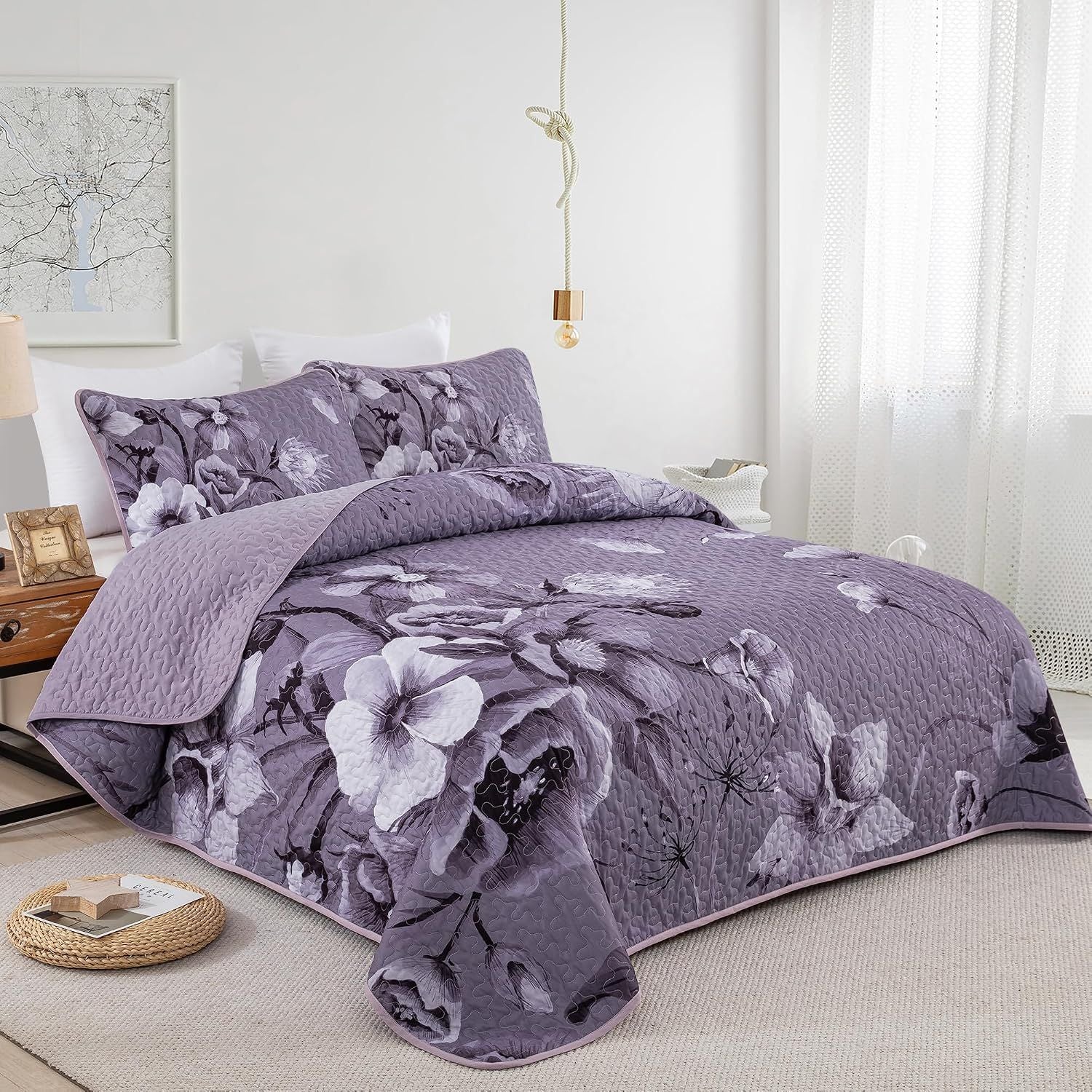 Dark Purple Floral Boho Serenity Bedspread Coverlet 3 Piece Set