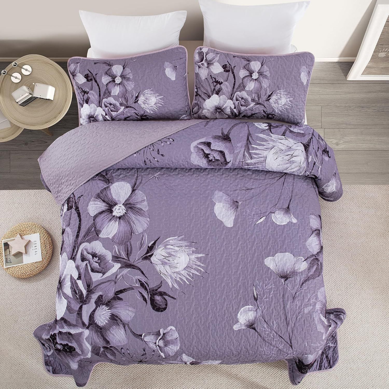 Dark Purple Floral Boho Serenity Bedspread Coverlet 3 Piece Set
