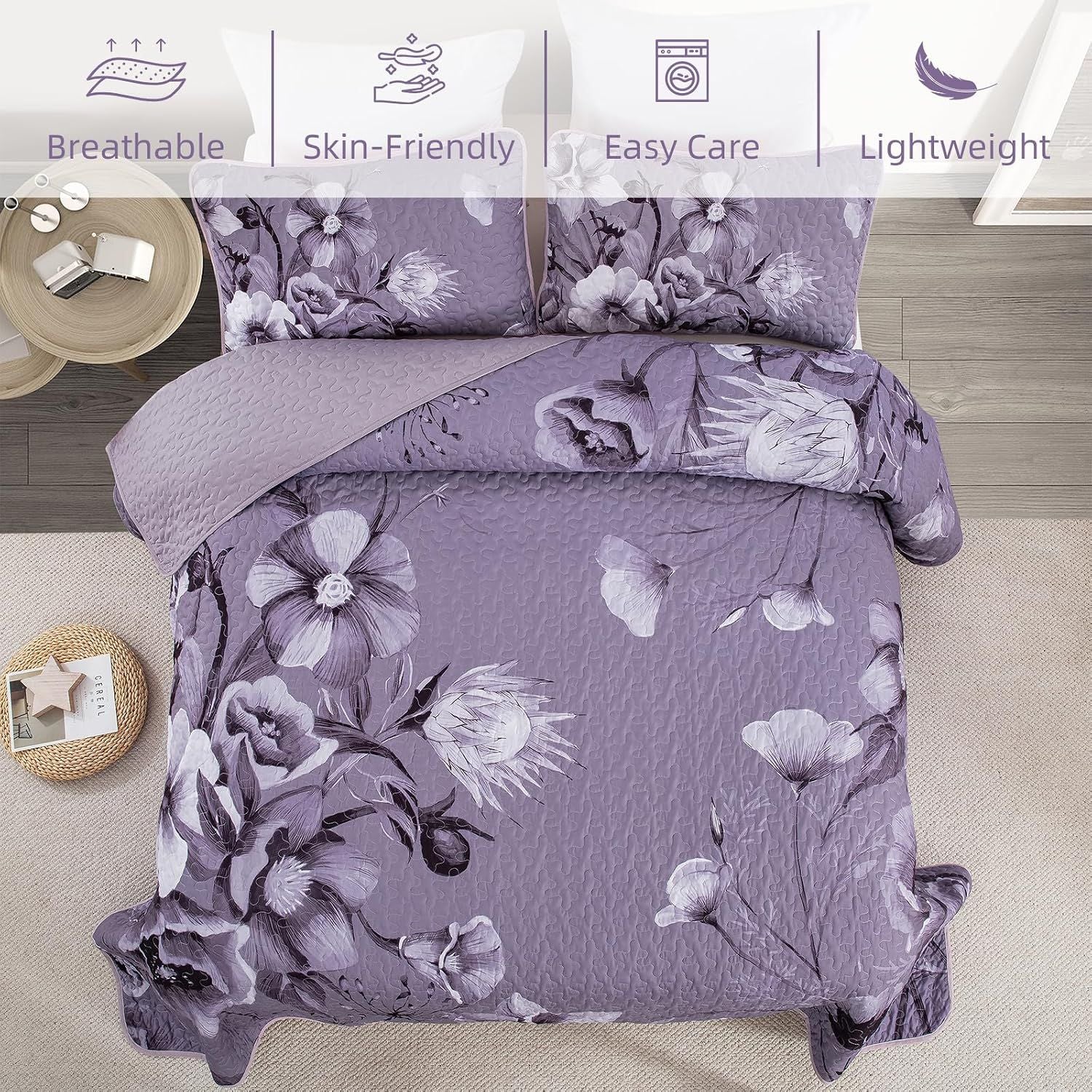 Dark Purple Floral Boho Serenity Bedspread Coverlet 3 Piece Set