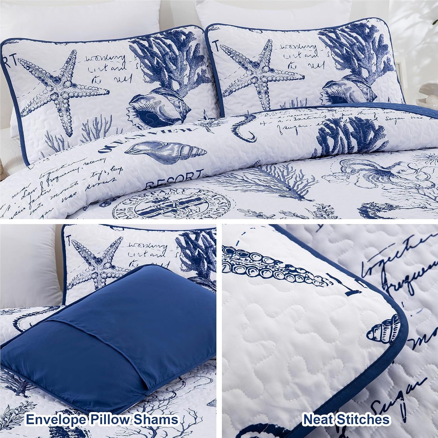 Navy Blue Coastal Aura Bedspread Coverlet 3 Piece Set