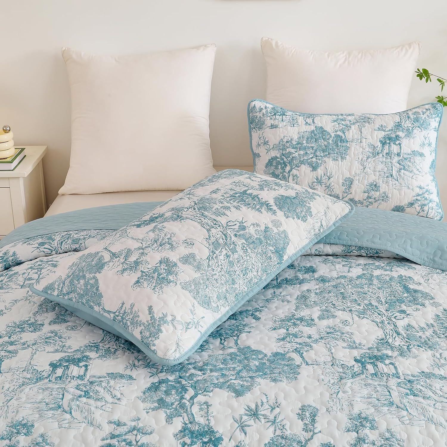 Blue Floral Botanical Serenity Bedspread Coverlet 3 Piece Set