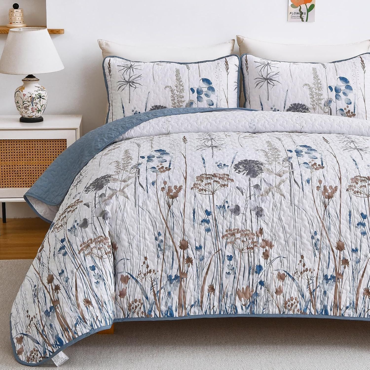 Blue Floral Botanical Charm Bedspread Coverlet 3 Piece Set