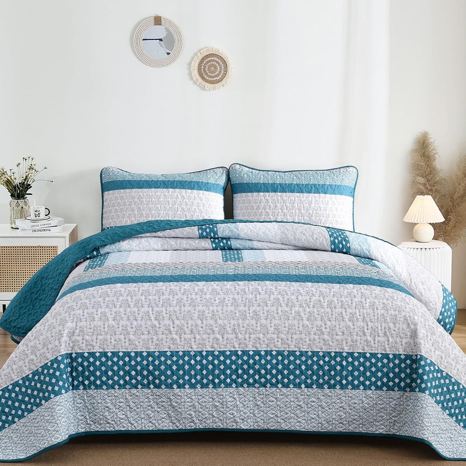 Teal Blue Stripe Boho Elysian Bedspread Coverlet 3 Piece Set
