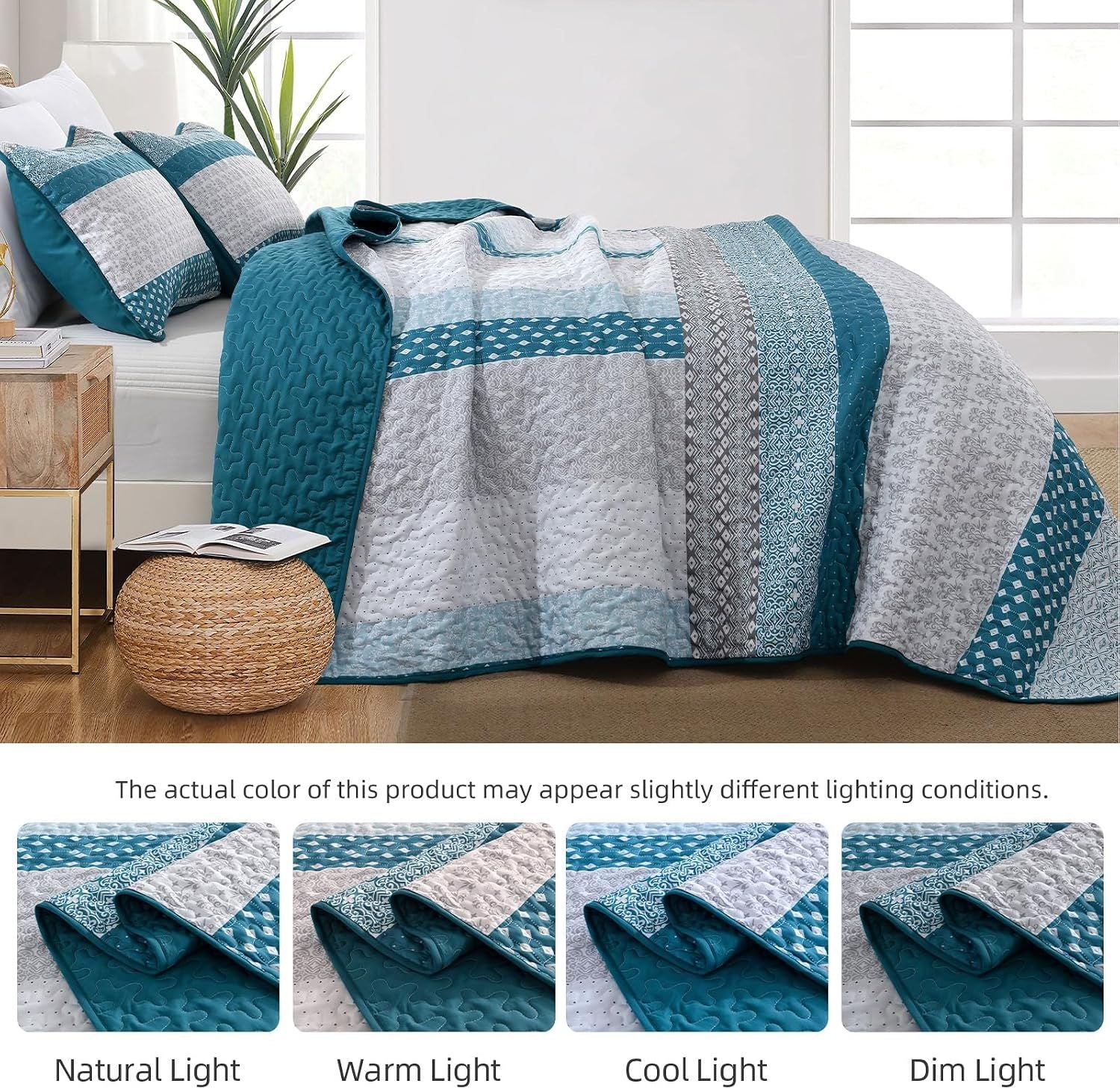 Teal Blue Stripe Boho Elysian Bedspread Coverlet 3 Piece Set