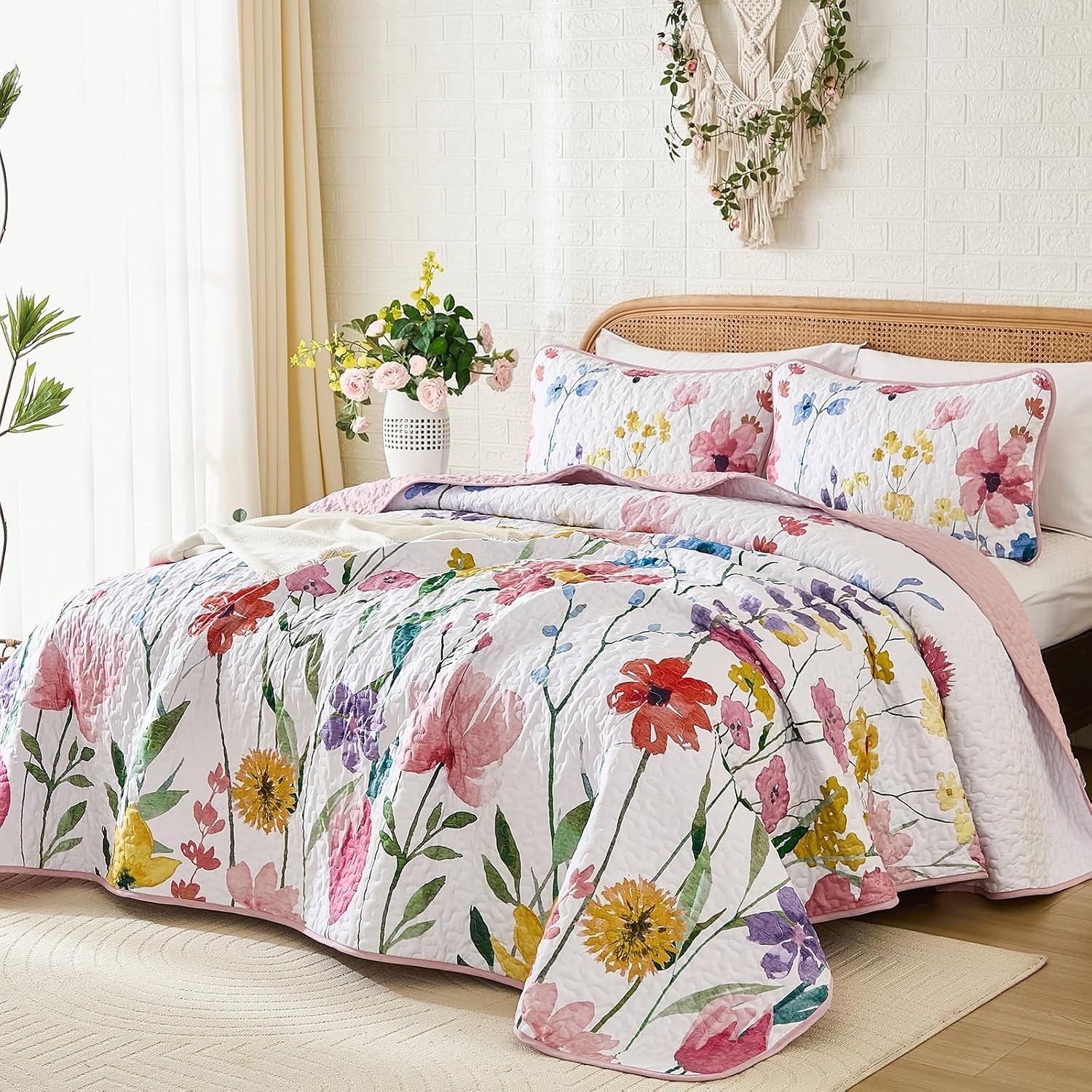 Pink Floral Haven Bedspread Coverlet 3 Piece Set