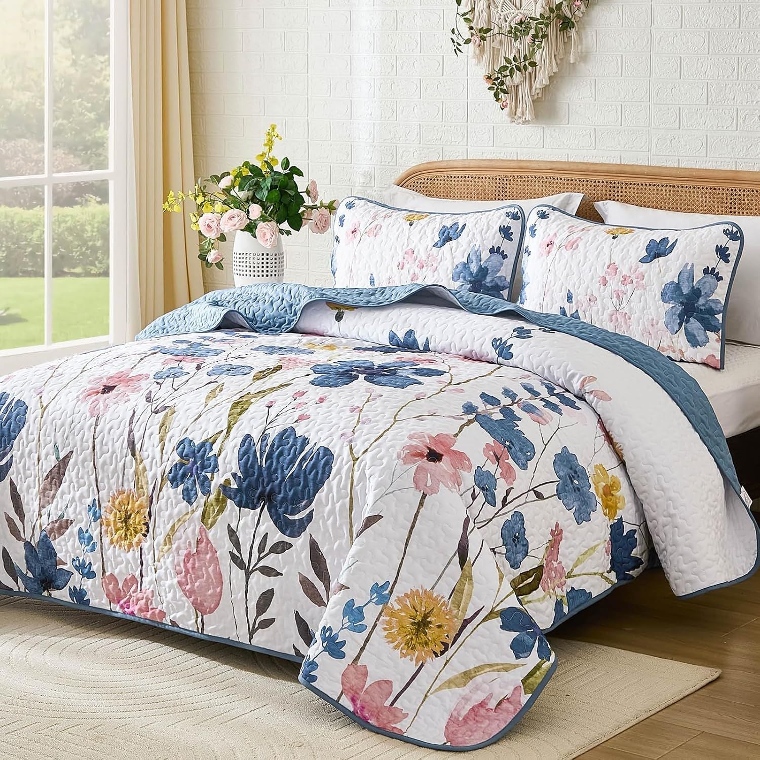Blue Floral Serenity Bedspread Coverlet 3 Piece Set