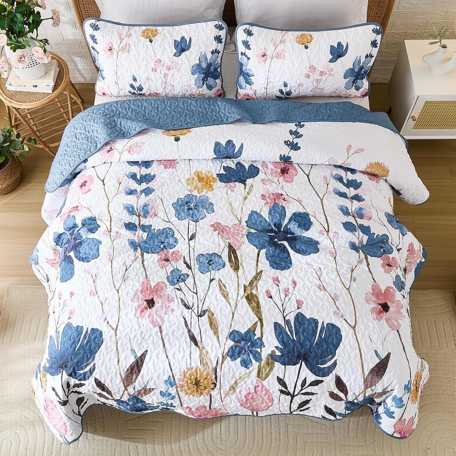 Blue Floral Serenity Bedspread Coverlet 3 Piece Set