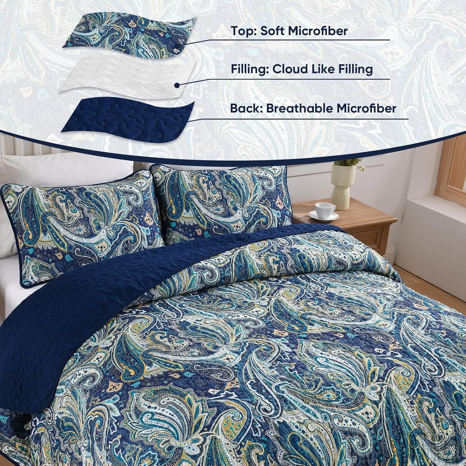 Navy Paisley Boho Dream Bedspread Coverlet 3 Piece Set