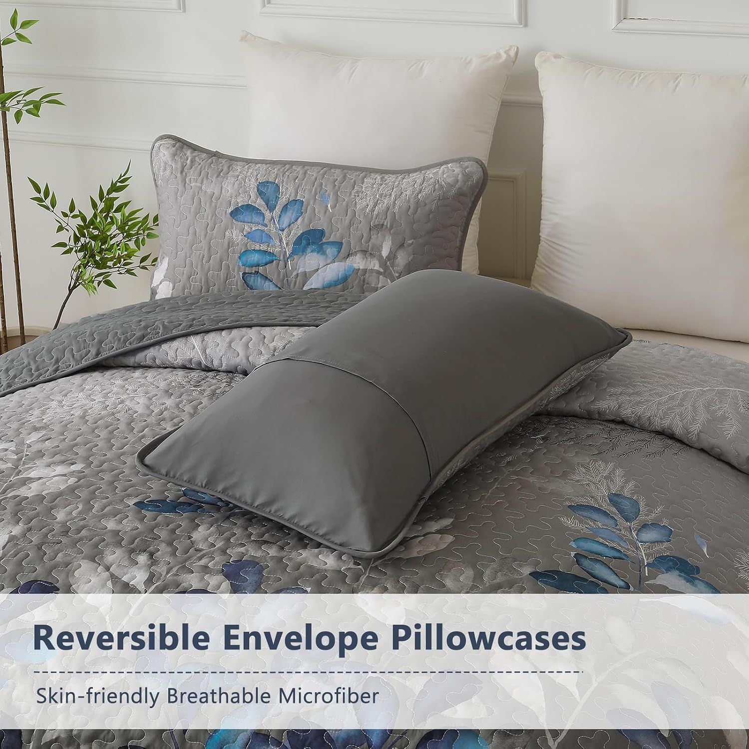 Grey Blue Floral Garden Bedspread Coverlet 3 Piece Set