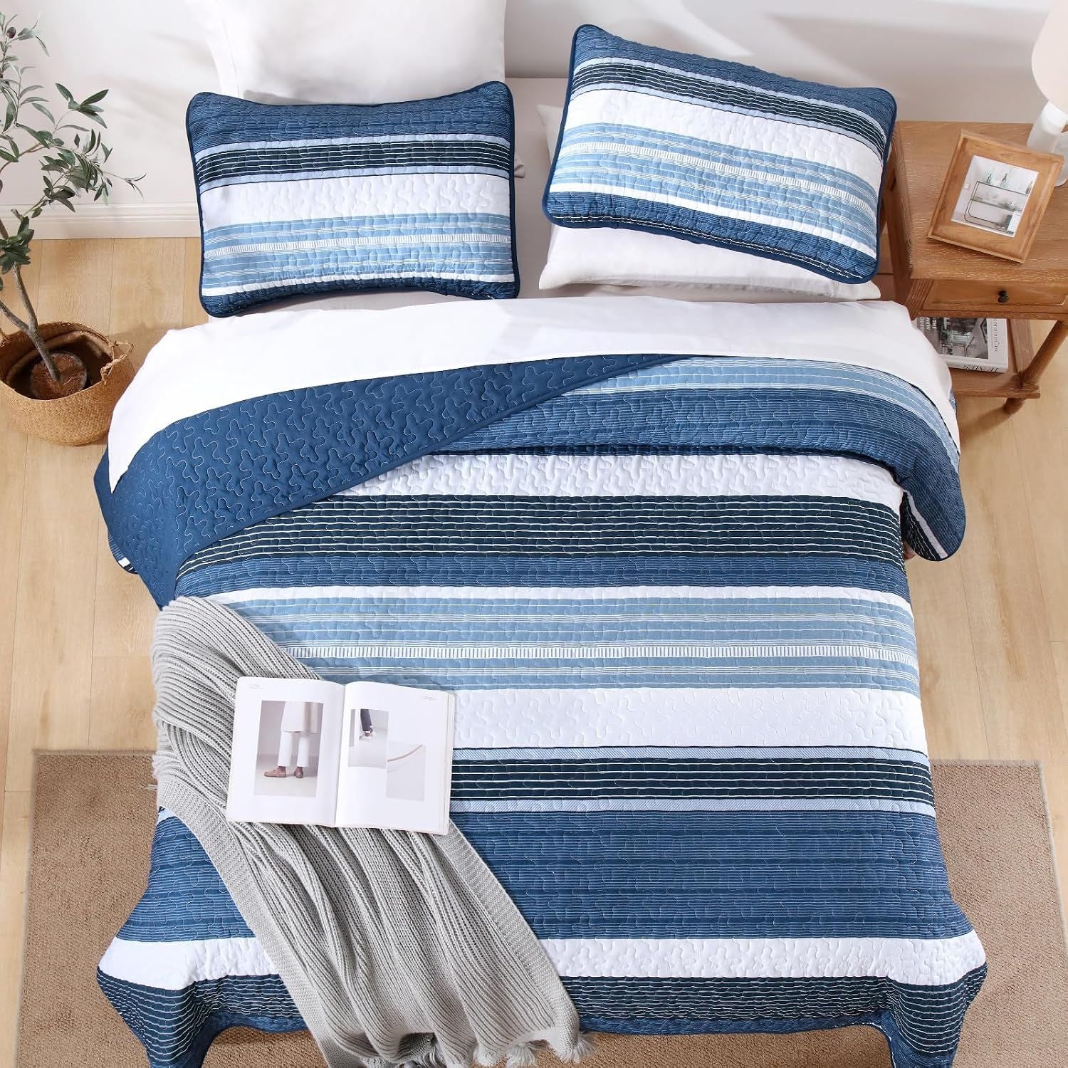 Blue Stripe Patchwork Mosaic Bedspread Coverlet 3 Piece Set