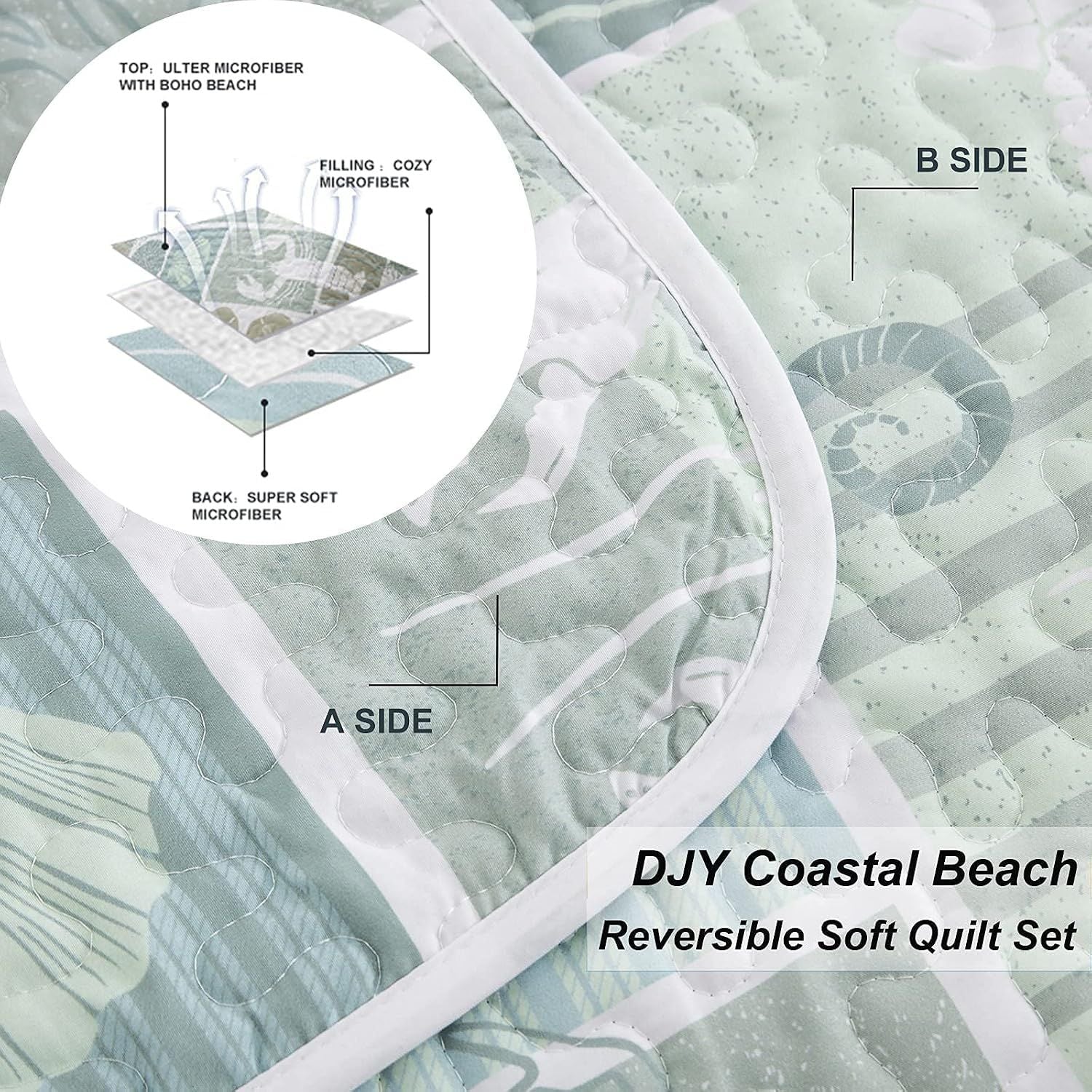 Green Coastal Haven Bedspread Coverlet 3 Piece Set