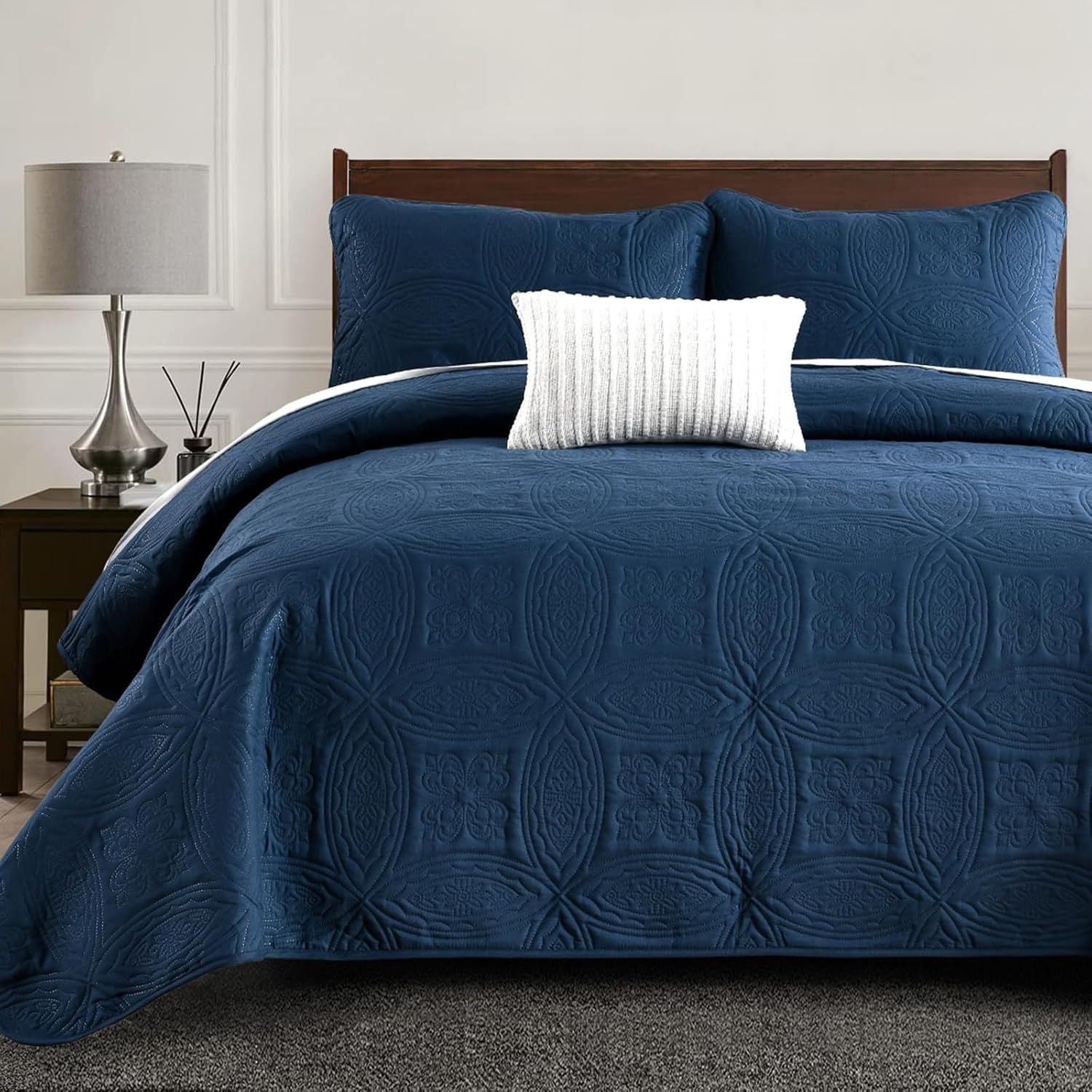 Navy Blue Embossed Haven Bedspread Coverlet 3 Piece Set